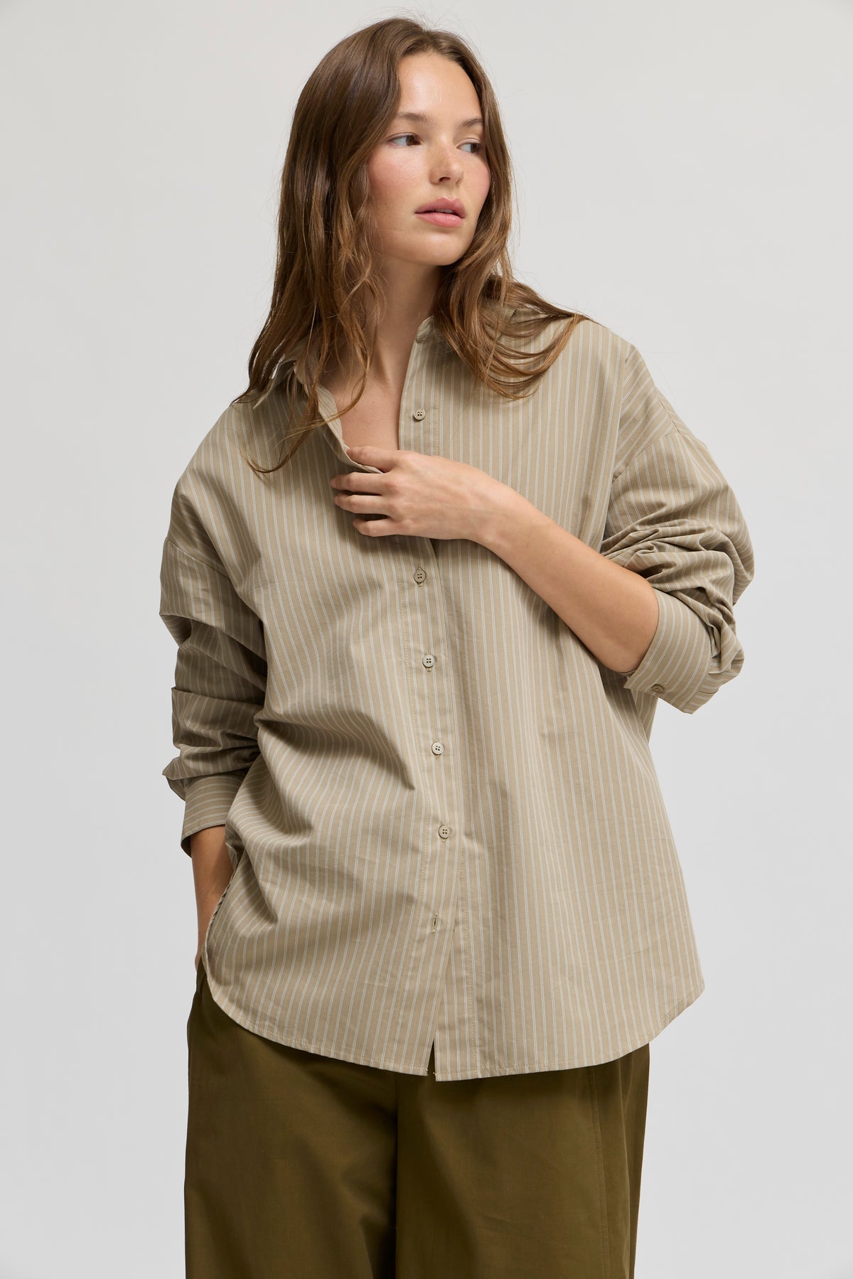 Stripe Loose Fit Button Up Shirts in Beige