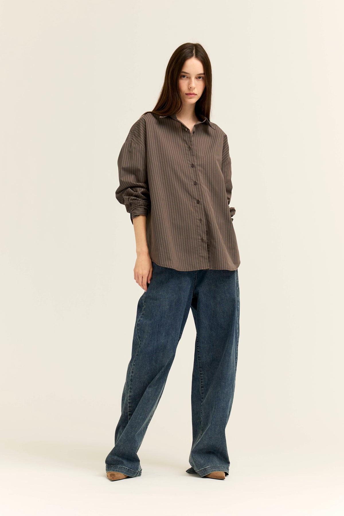 Stripe Loose Fit Button Up Shirts in Dark Grey