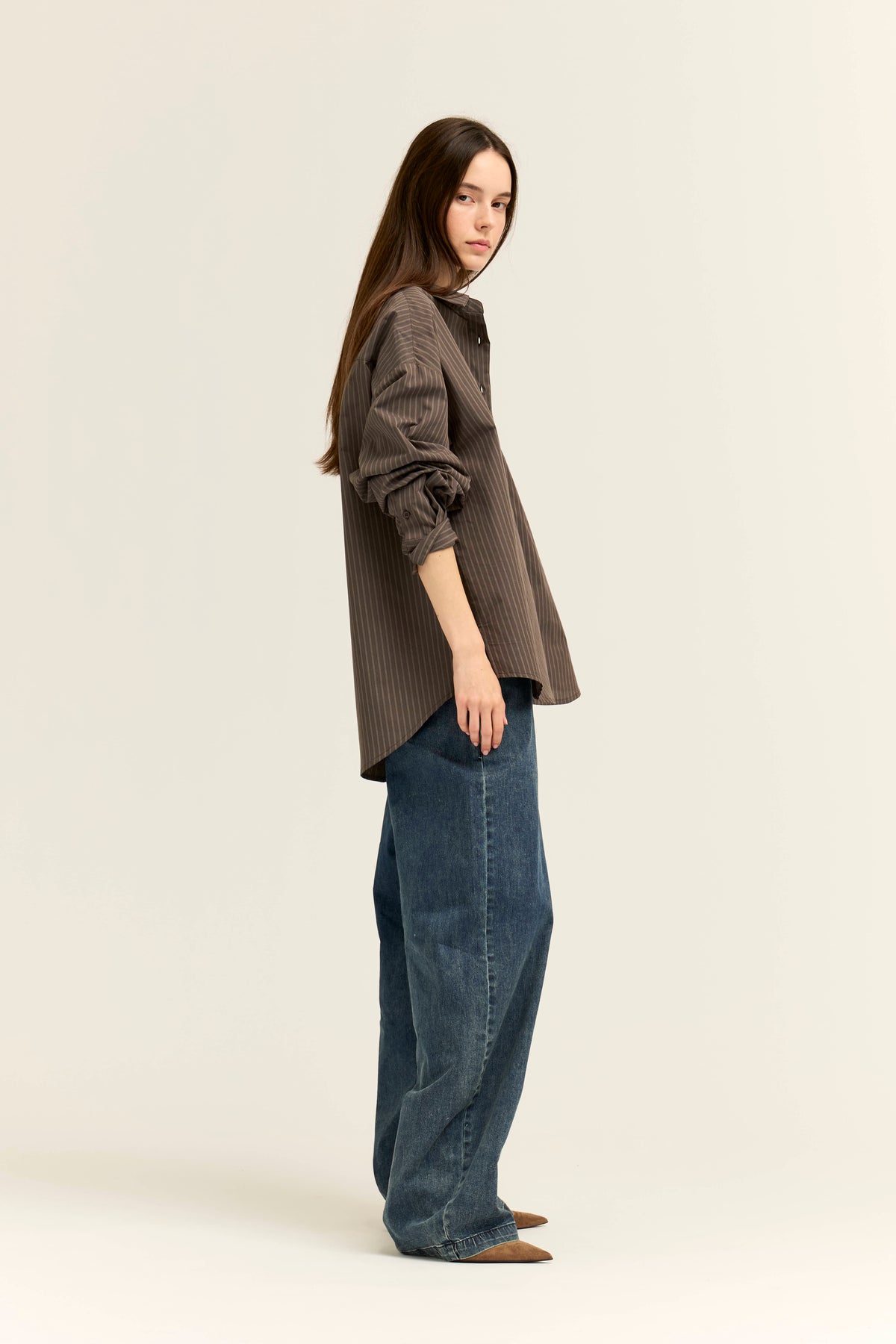 Stripe Loose Fit Button Up Shirts in Dark Grey