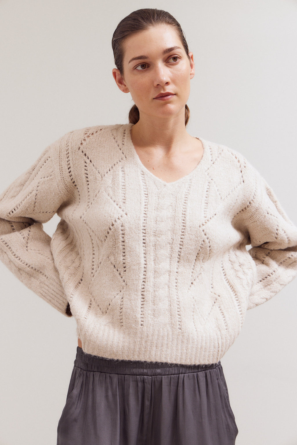 V Neck Cable Sweater Top