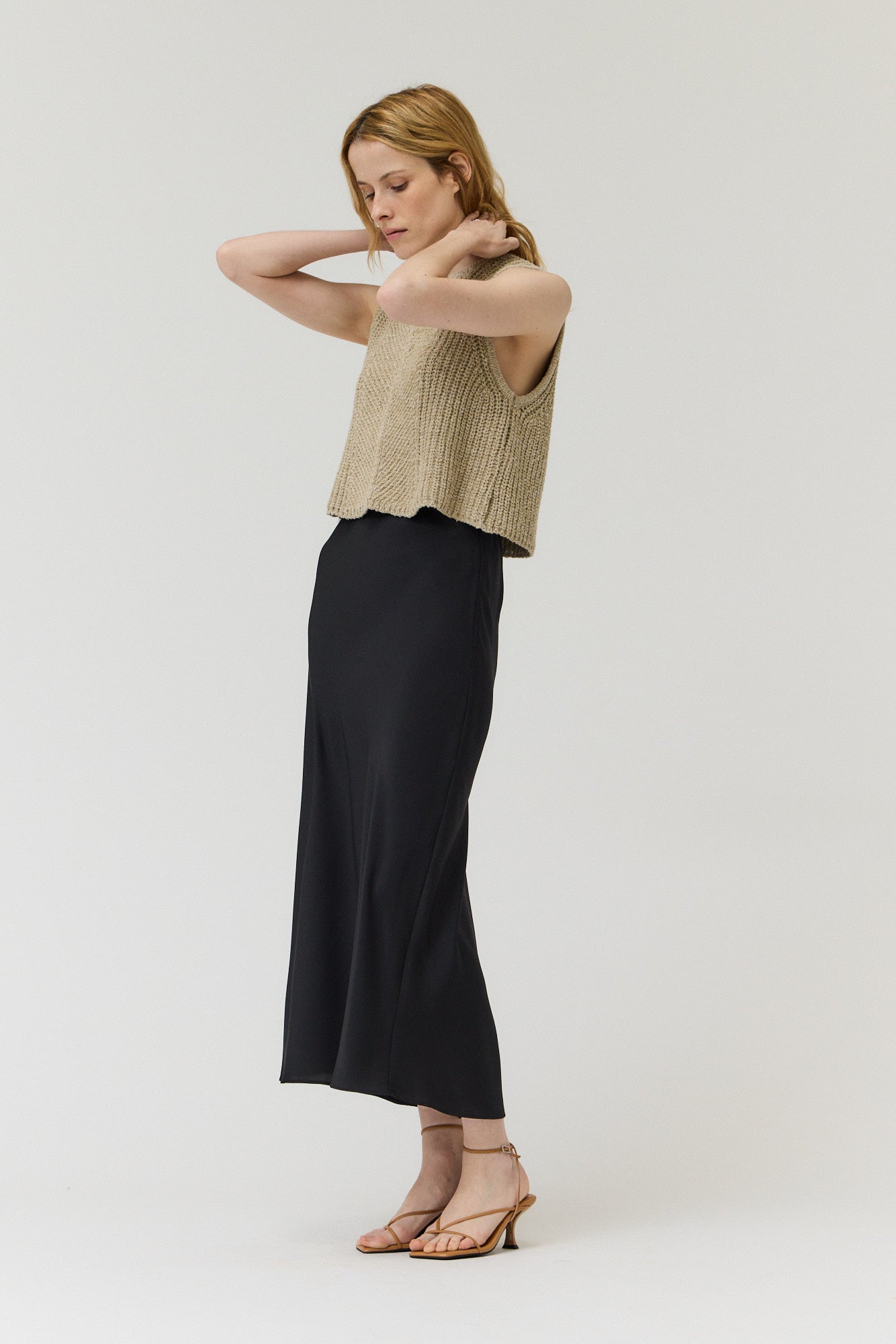 Flared Satin Maxi Skirt in Black