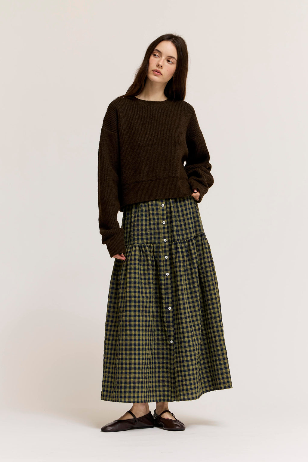 Front Button Check Skirt in Olive