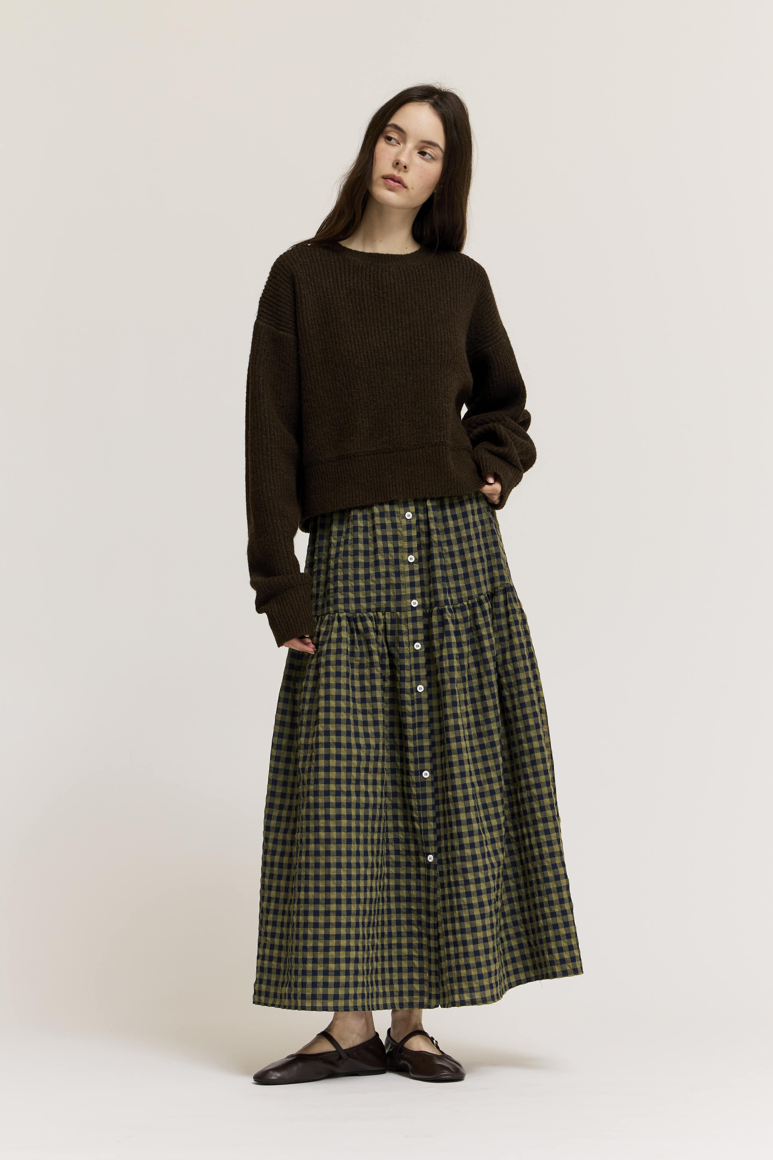 Front Button Check Skirt in Olive