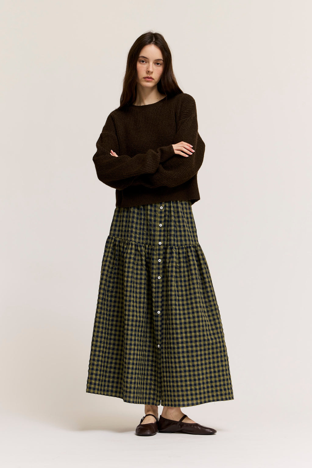 Front Button Check Skirt in Olive