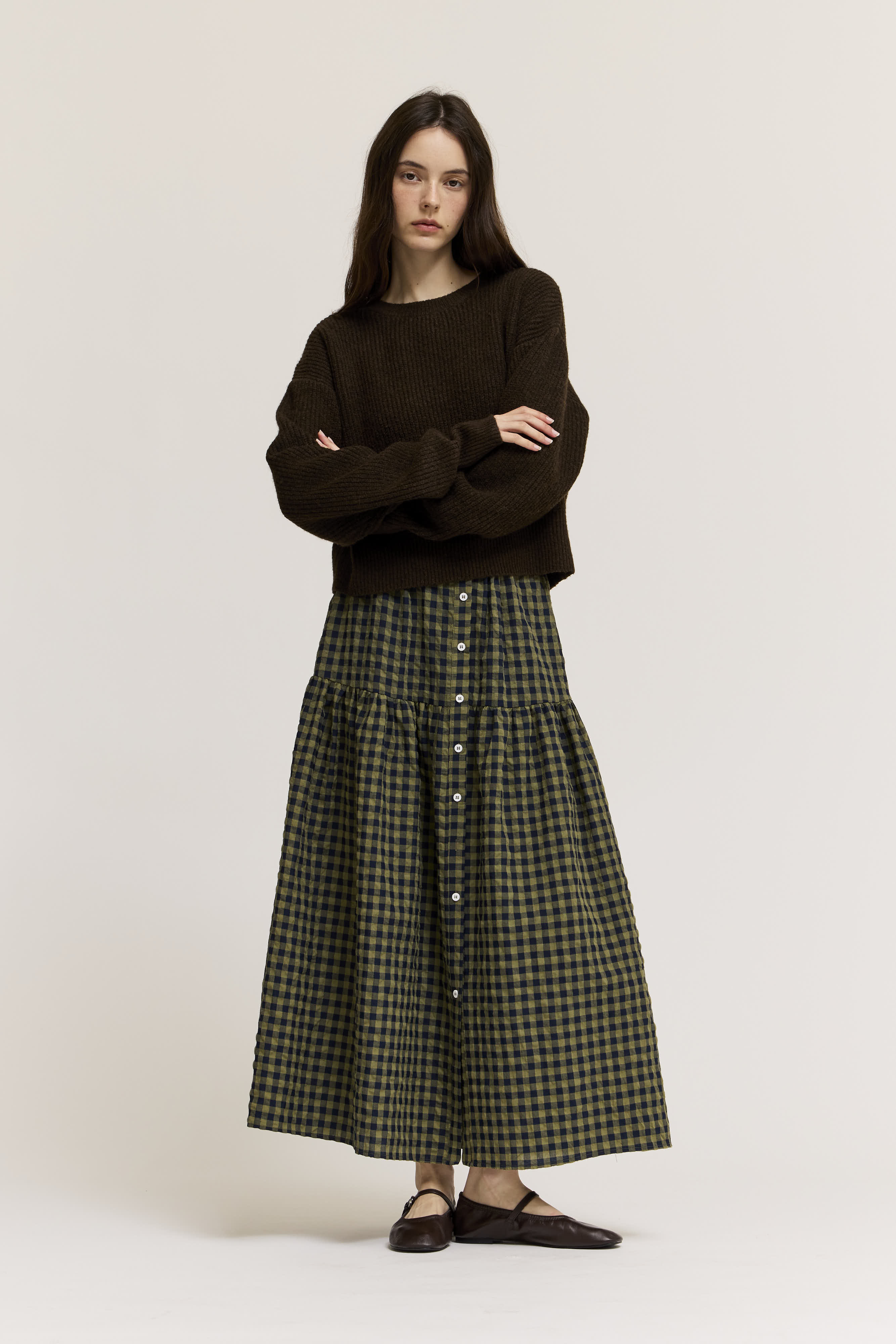 Front Button Check Skirt in Olive