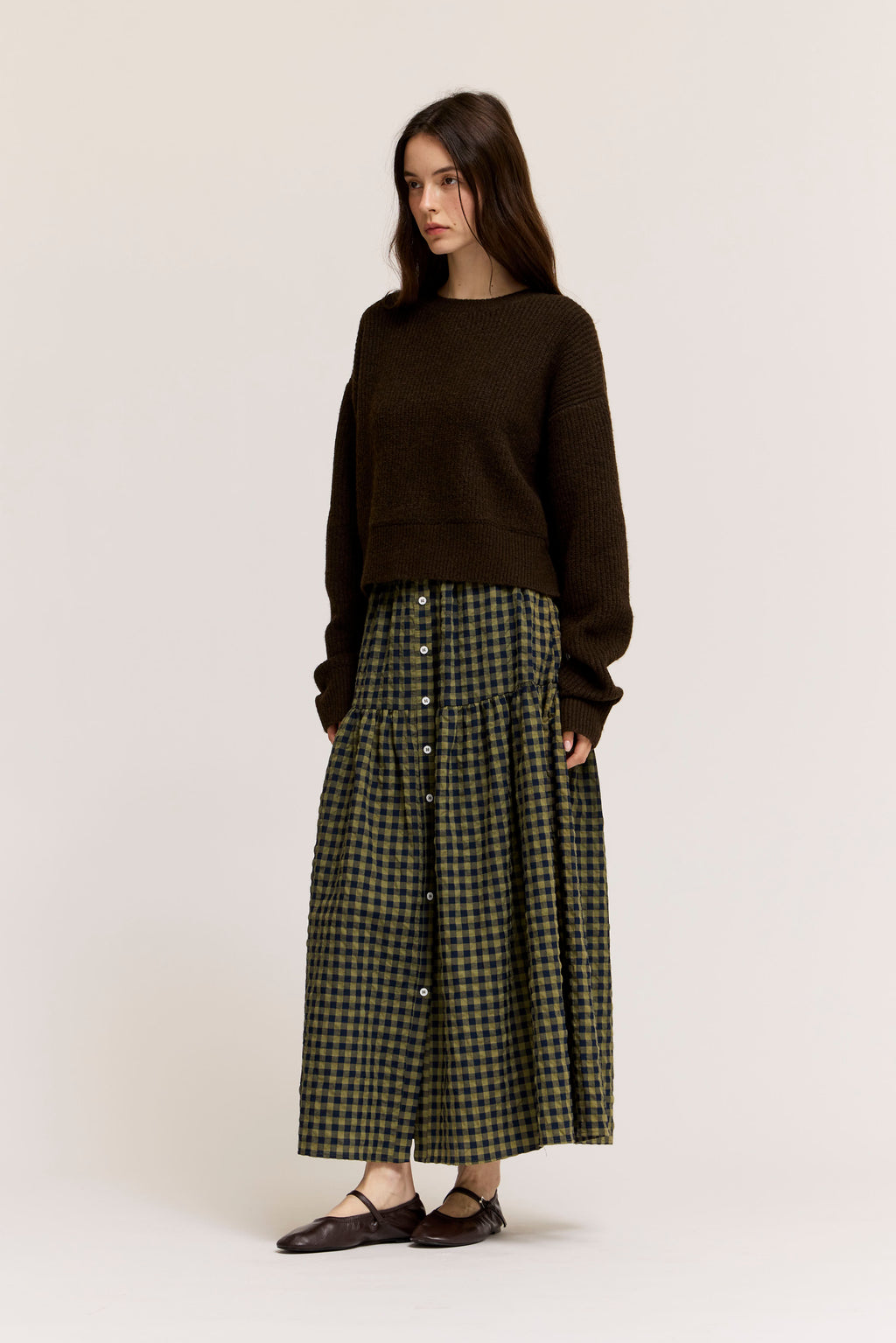 Front Button Check Skirt in Olive