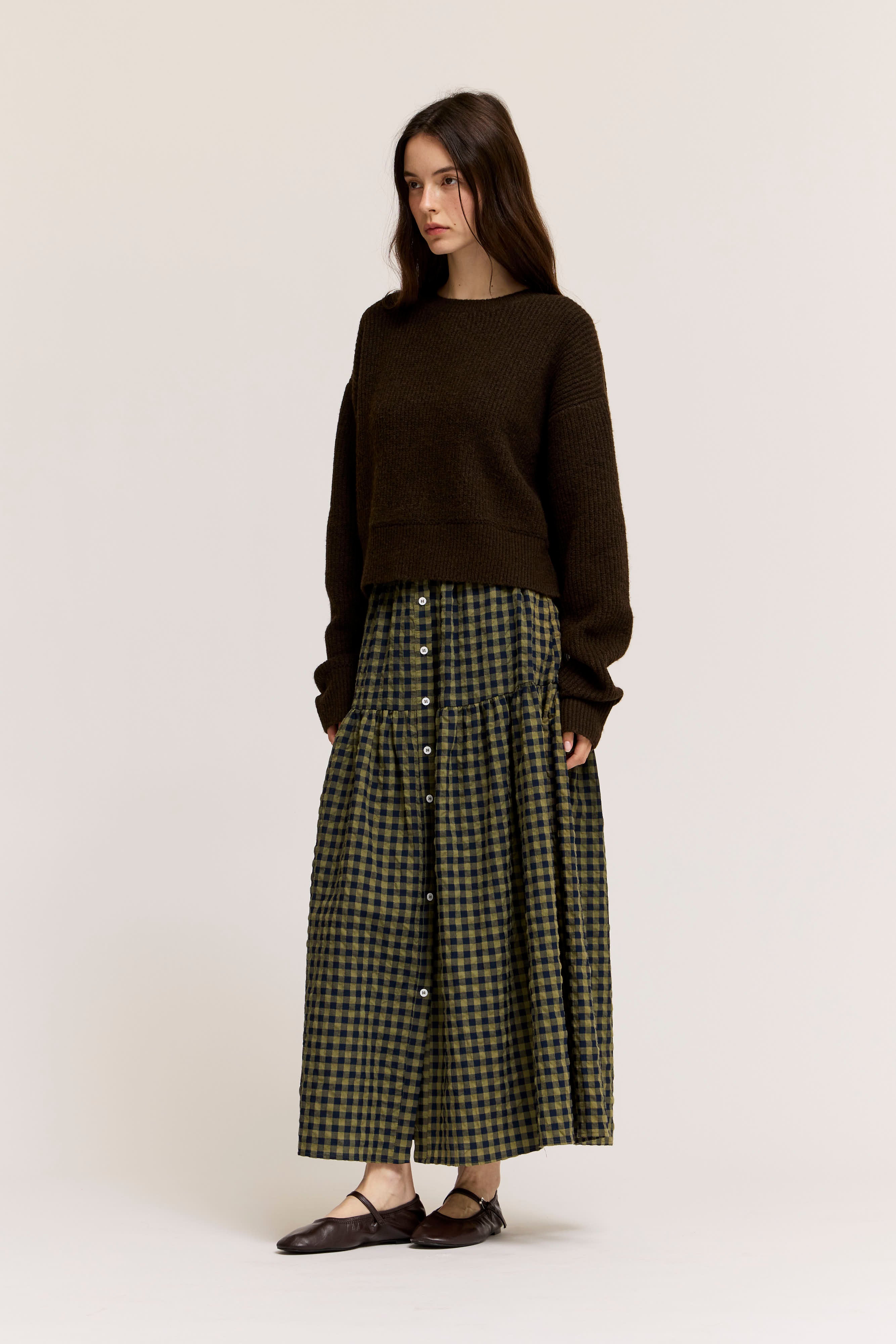 Front Button Check Skirt in Olive