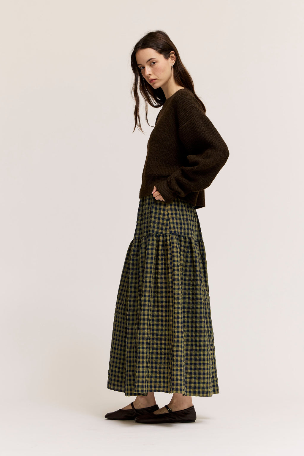 Front Button Check Skirt in Olive