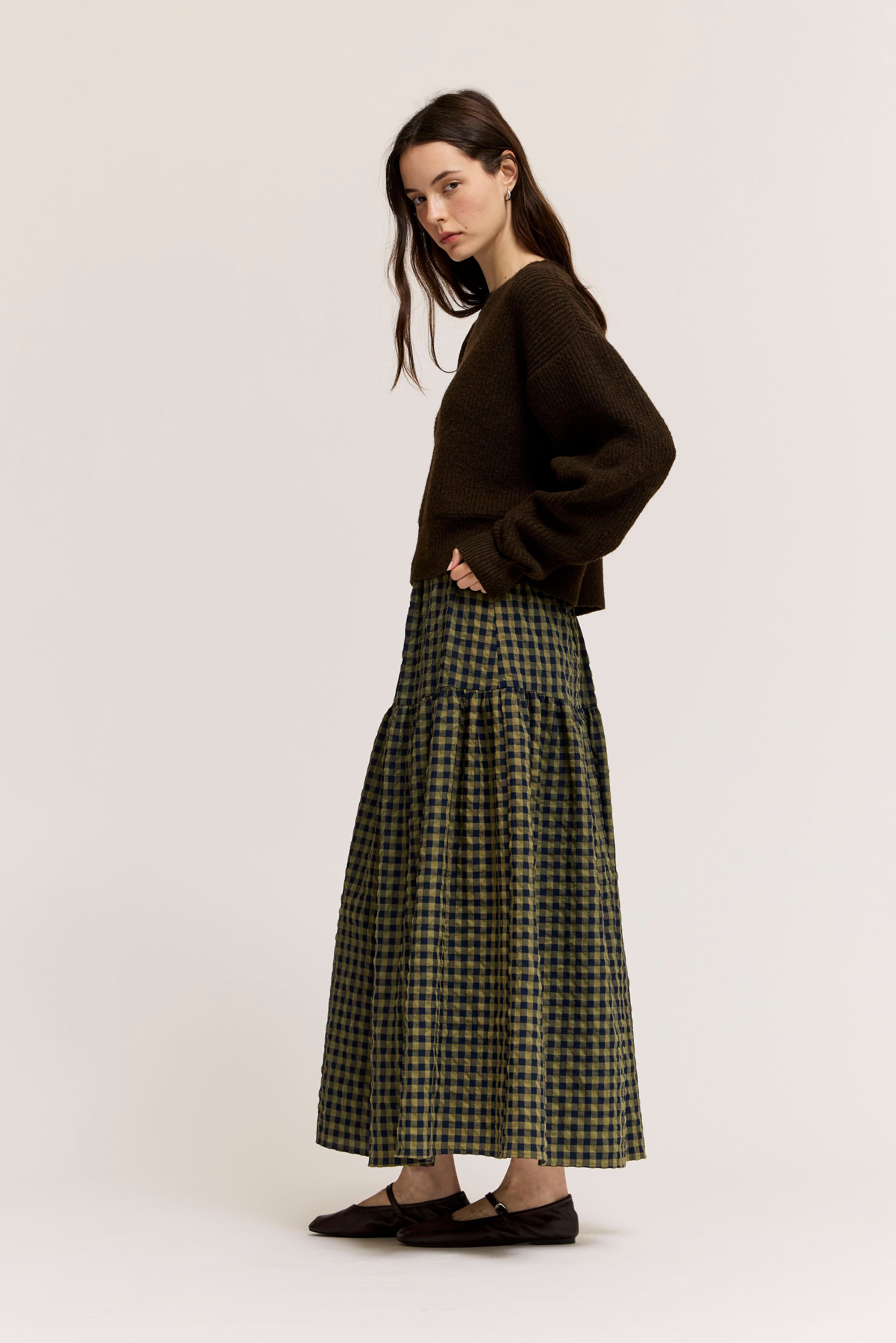 Front Button Check Skirt in Olive