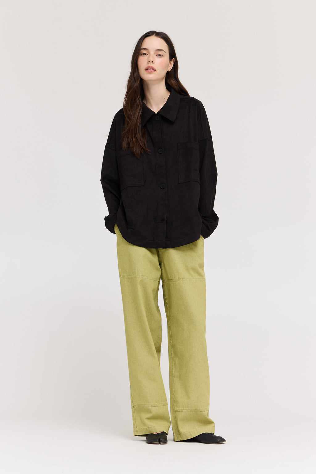 High Rise Balloon Fit Denim Pants in Green Moss
