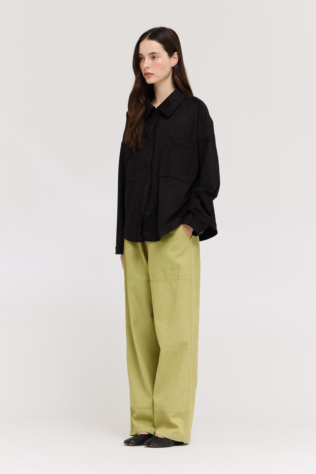 High Rise Balloon Fit Denim Pants in Green Moss