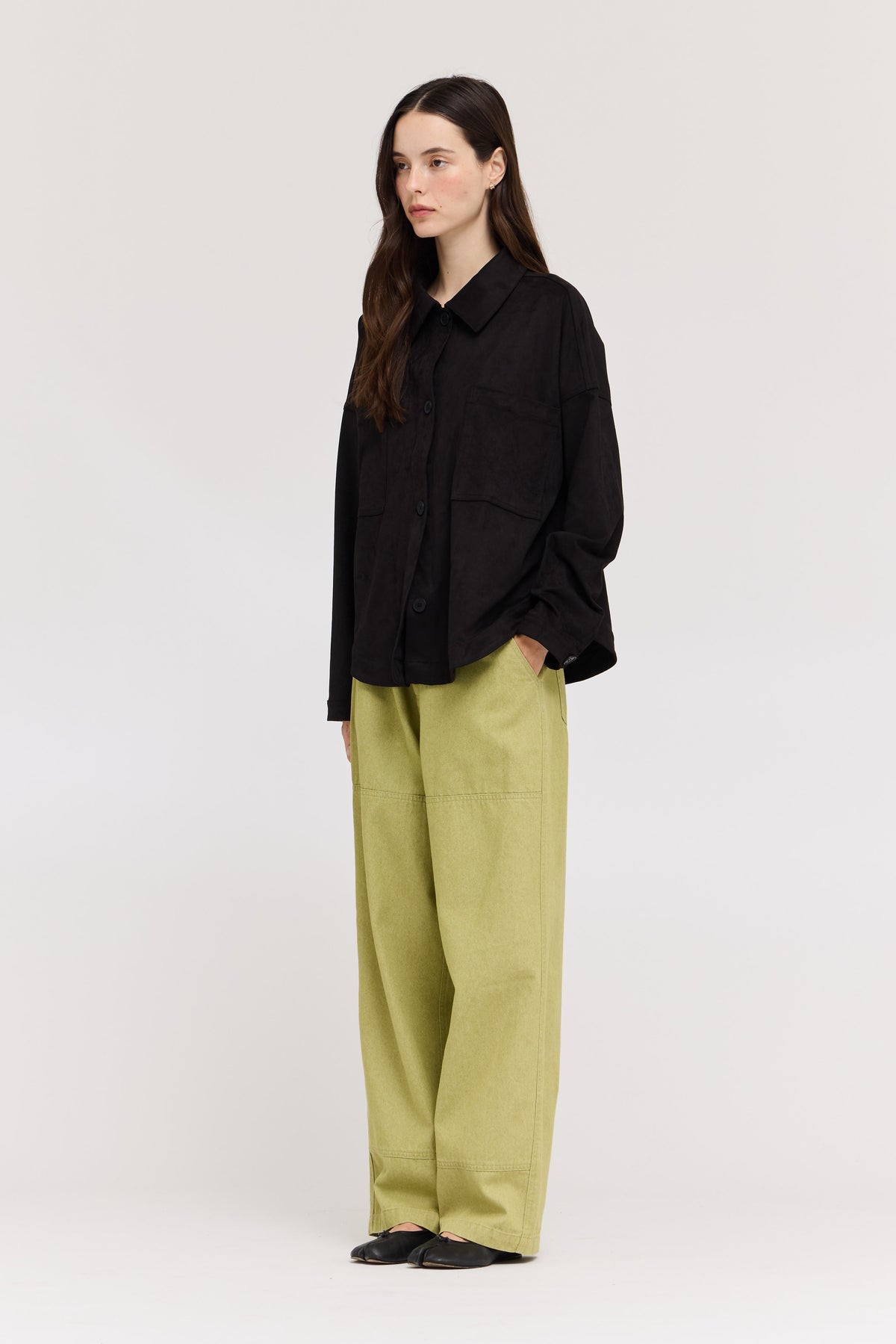 High Rise Balloon Fit Denim Pants in Green Moss