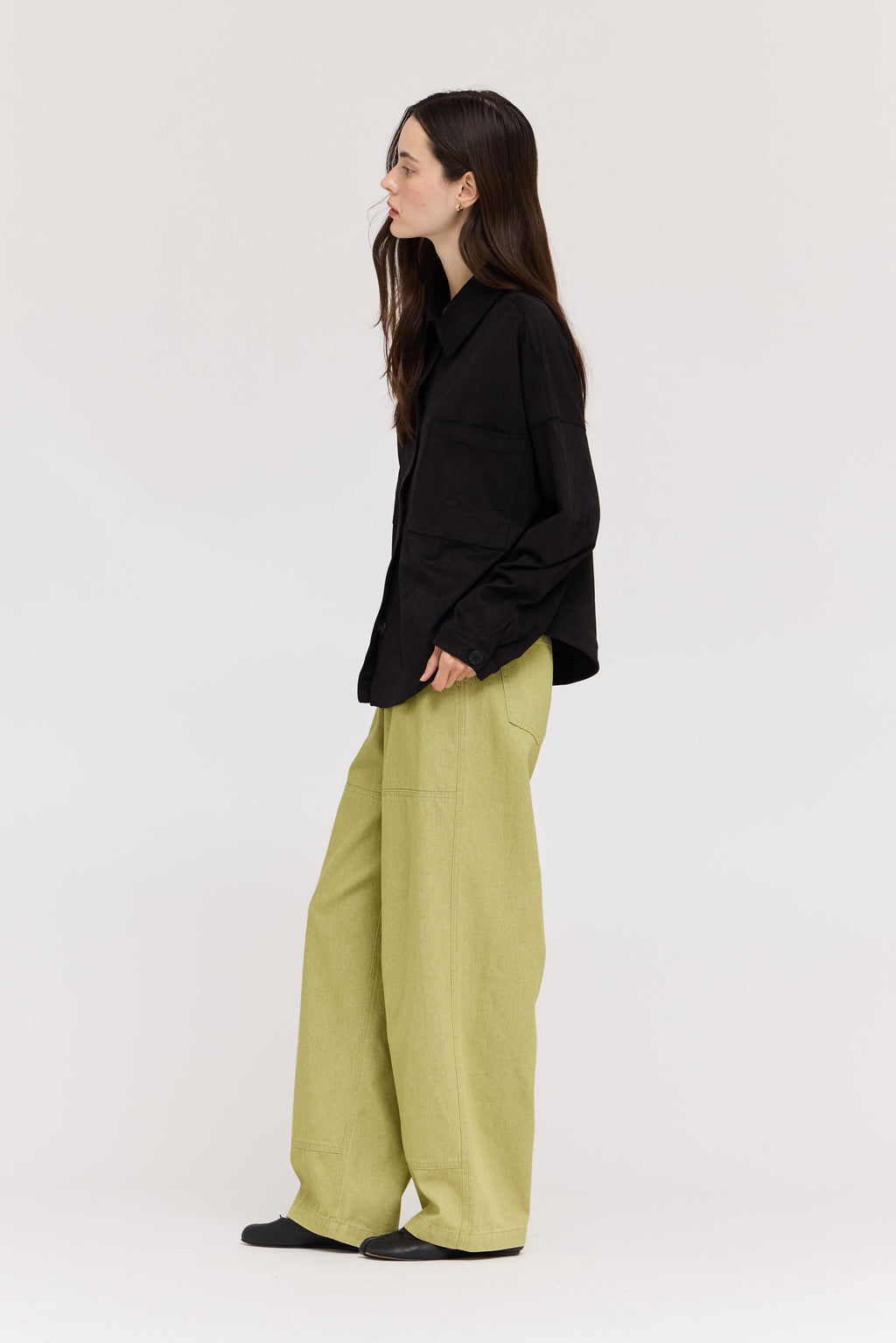 High Rise Balloon Fit Denim Pants in Green Moss