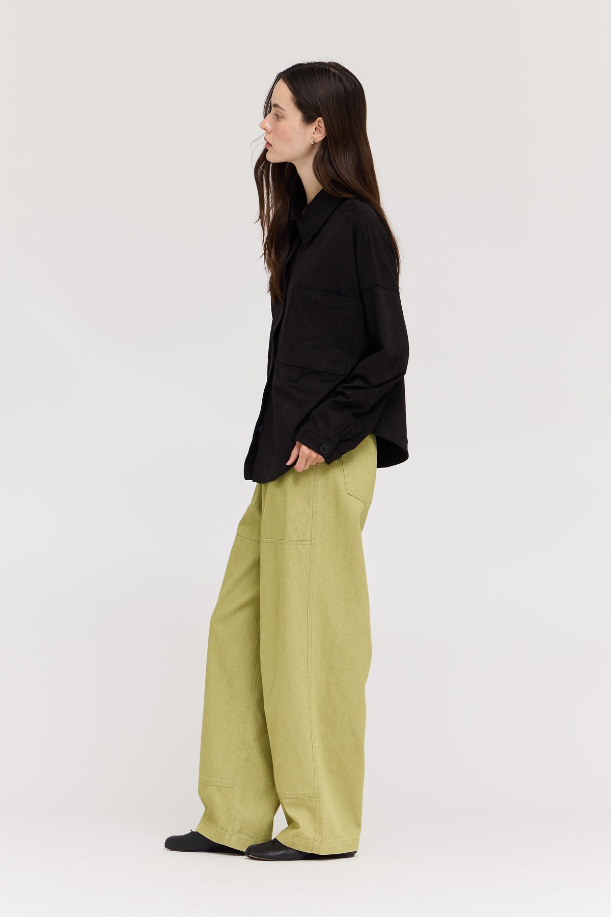 High Rise Balloon Fit Denim Pants in Green Moss