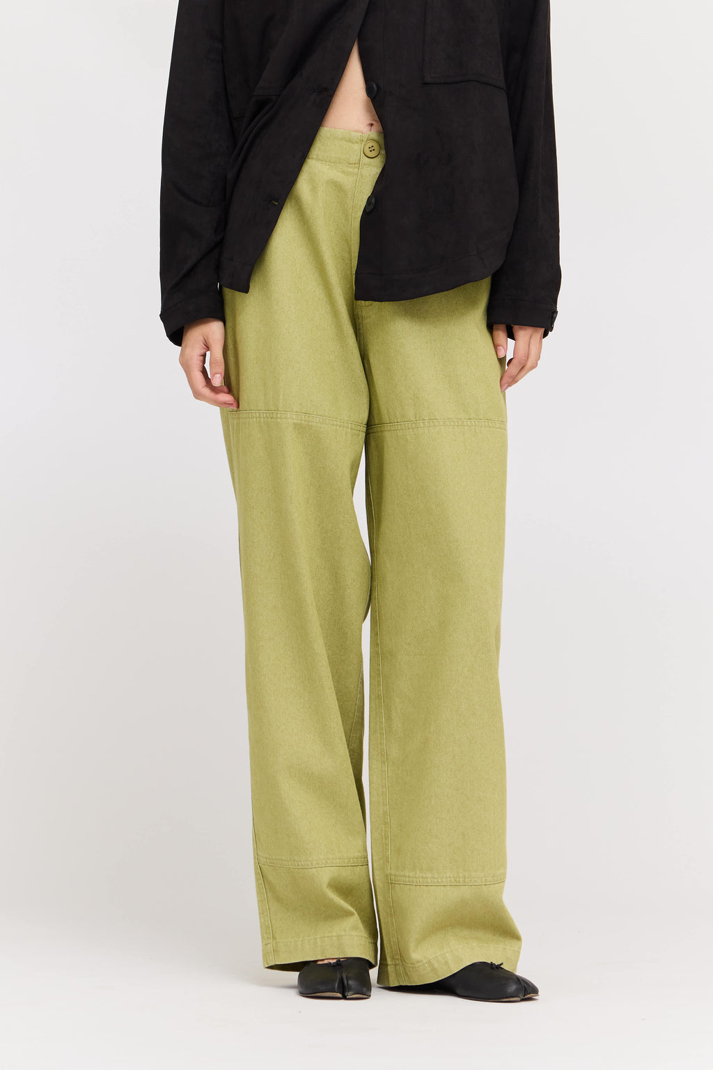 High Rise Balloon Fit Denim Pants in Green Moss