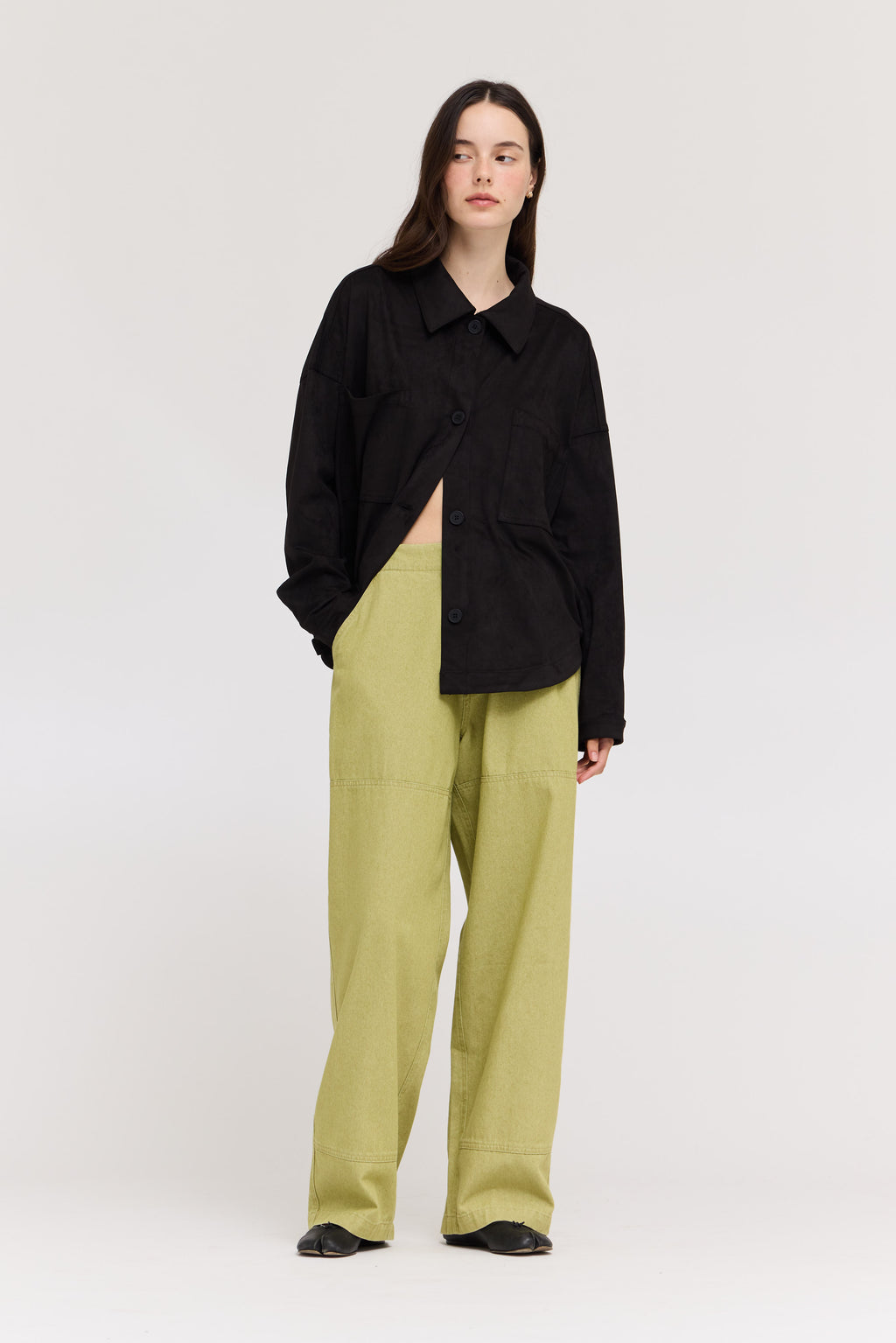 High Rise Balloon Fit Denim Pants in Green Moss