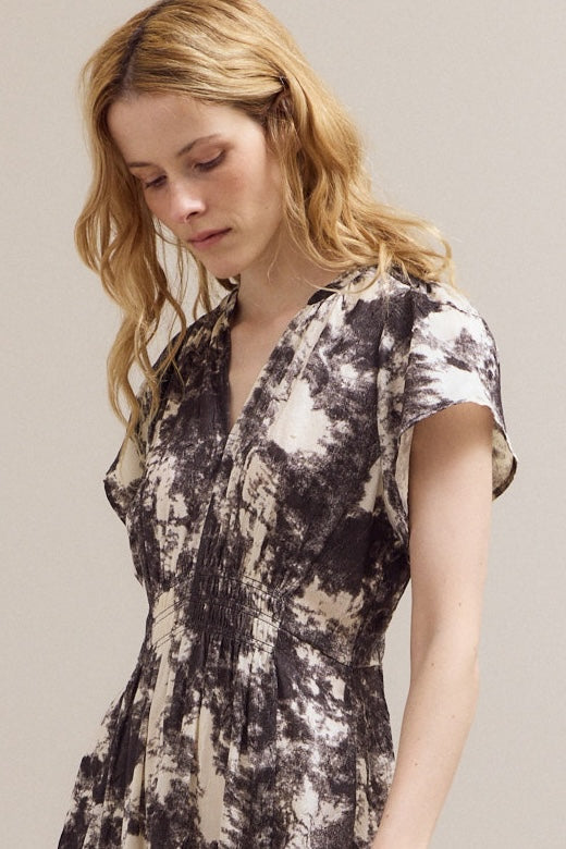 Printed Ruffle Satin Midi Dress