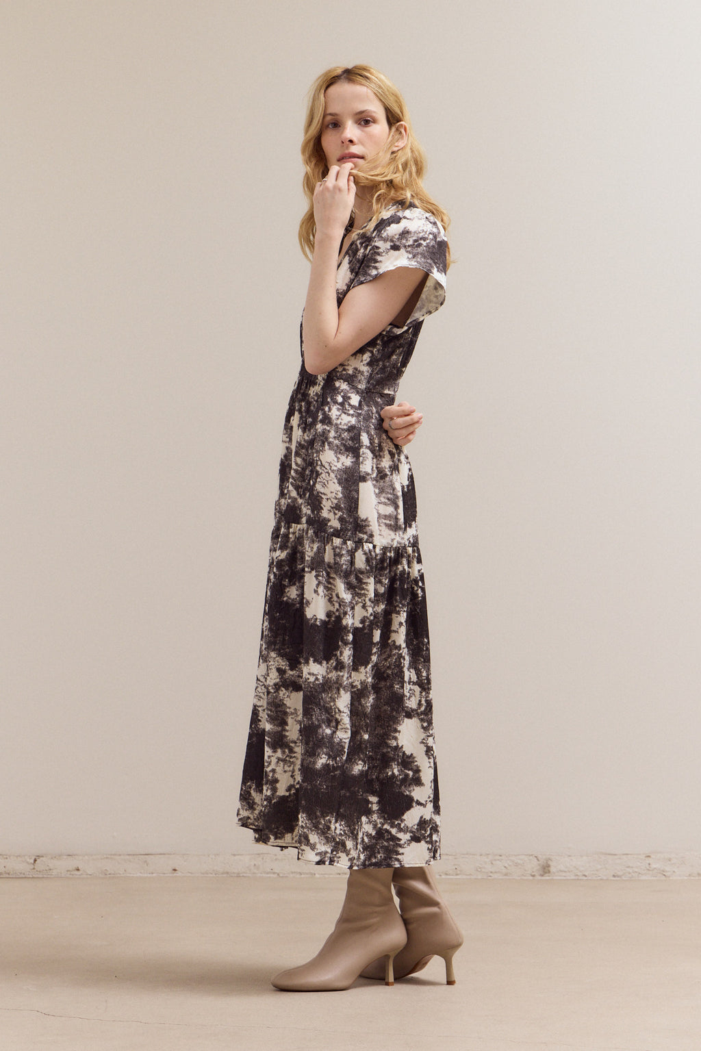 Printed Ruffle Satin Midi Dress