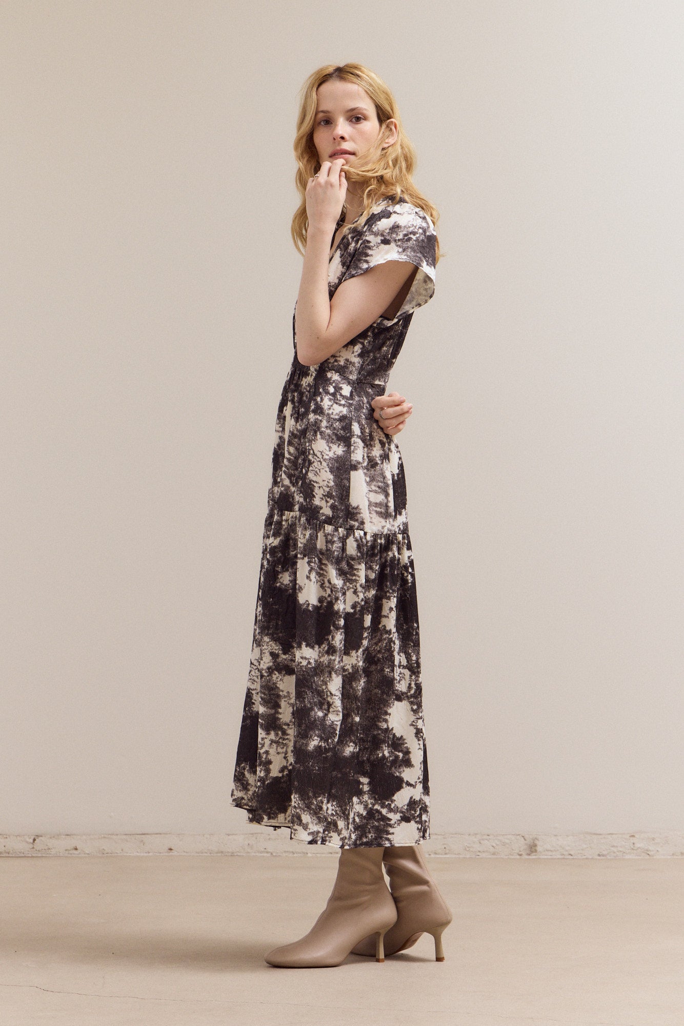 Printed Ruffle Satin Midi Dress