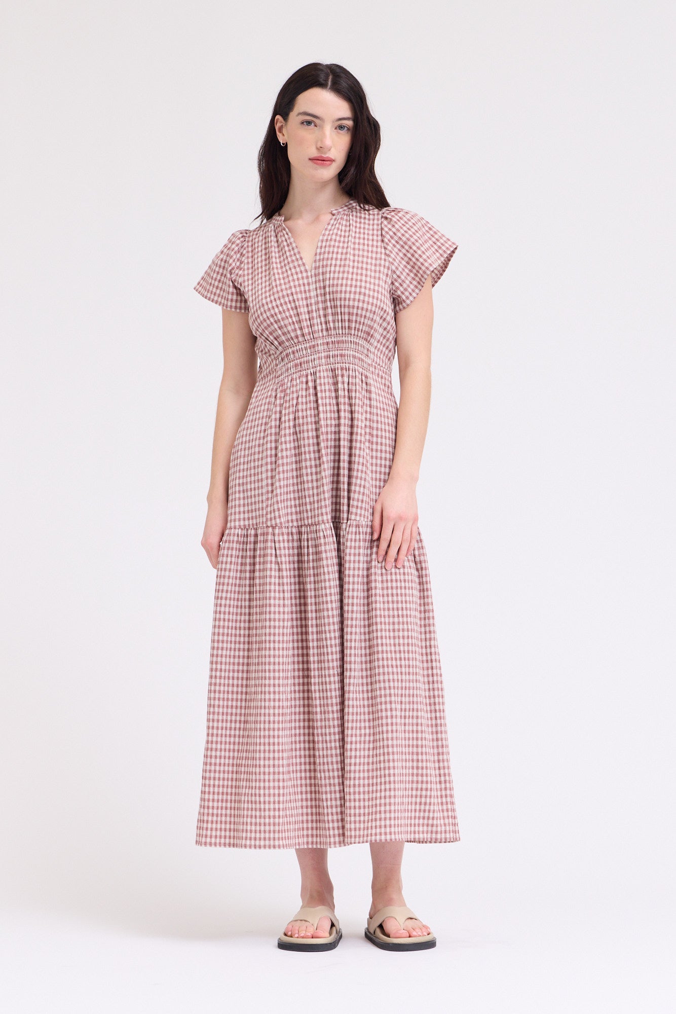 Ruffle Gingham Midi Dress in Dusty Rose
