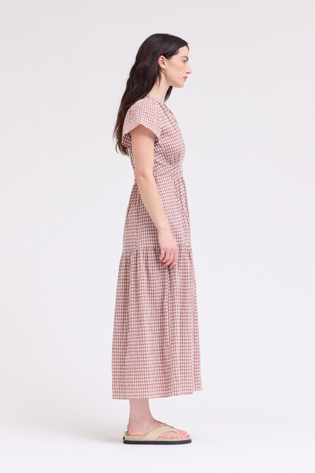 Ruffle Gingham Midi Dress in Dusty Rose
