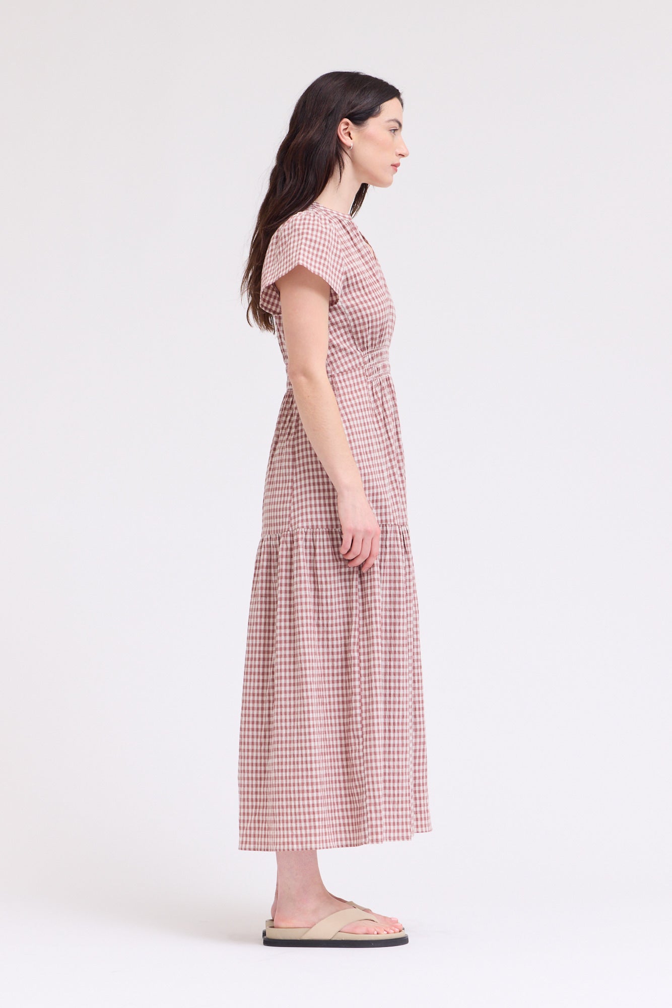 Ruffle Gingham Midi Dress in Dusty Rose