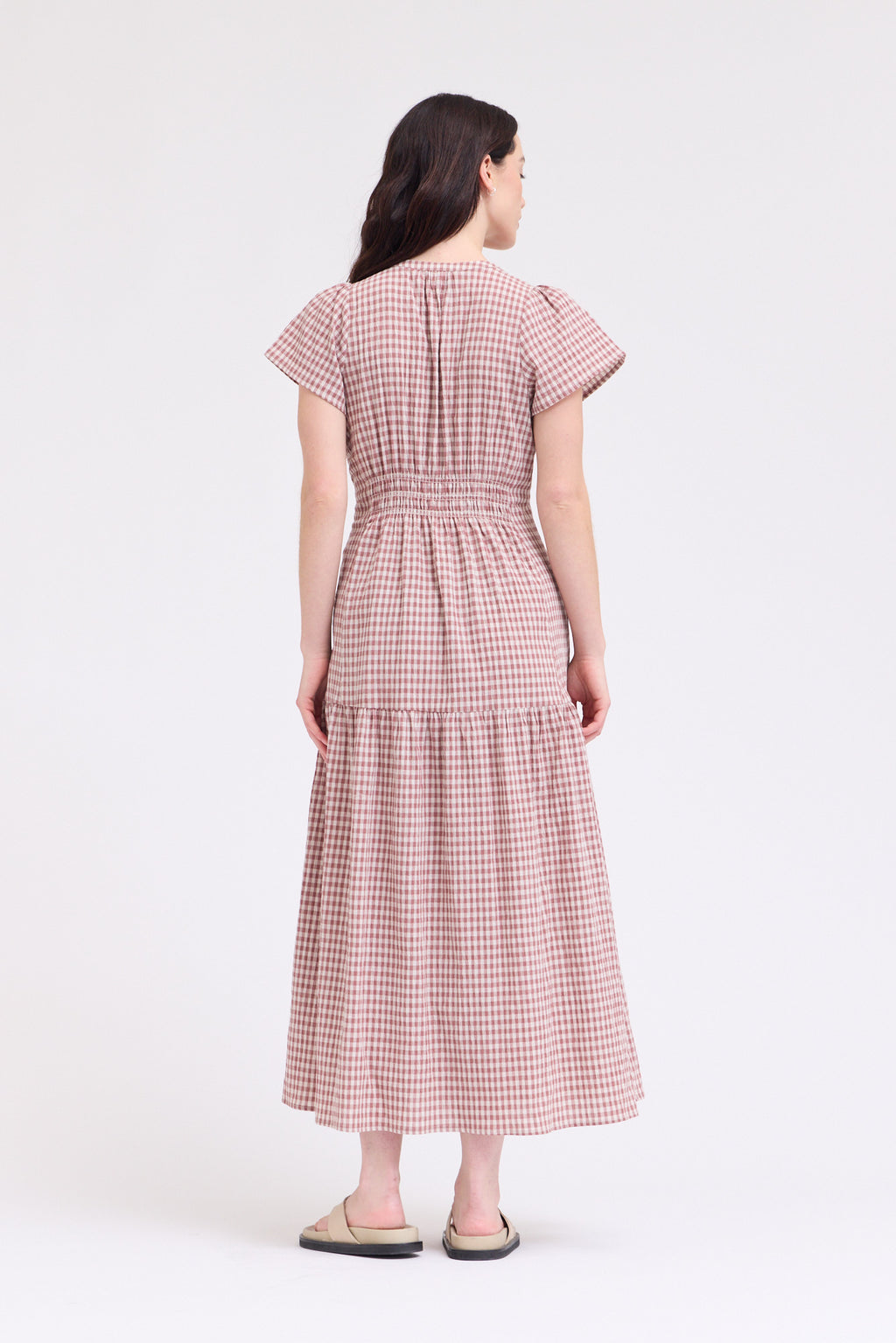Ruffle Gingham Midi Dress in Dusty Rose