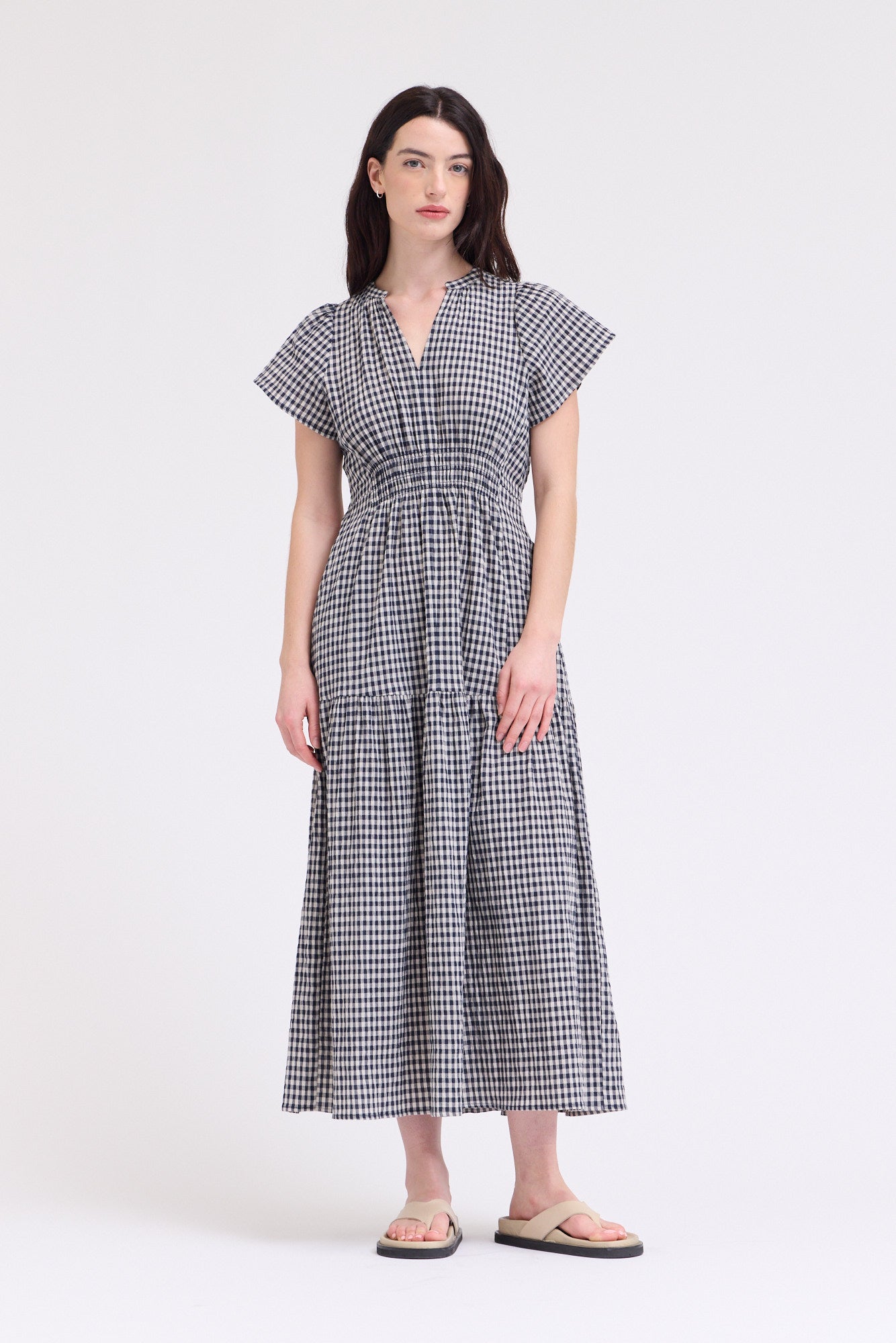 Ruffle Gingham Midi Dress in Midnight