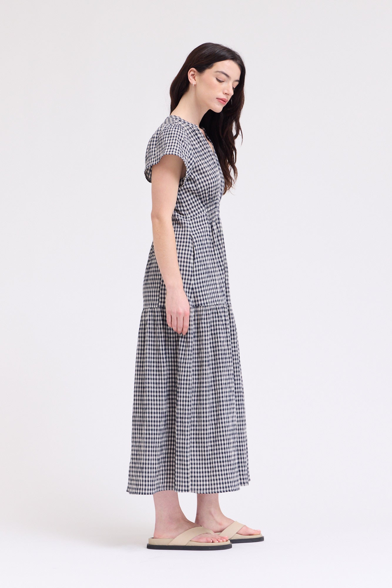 Ruffle Gingham Midi Dress in Midnight