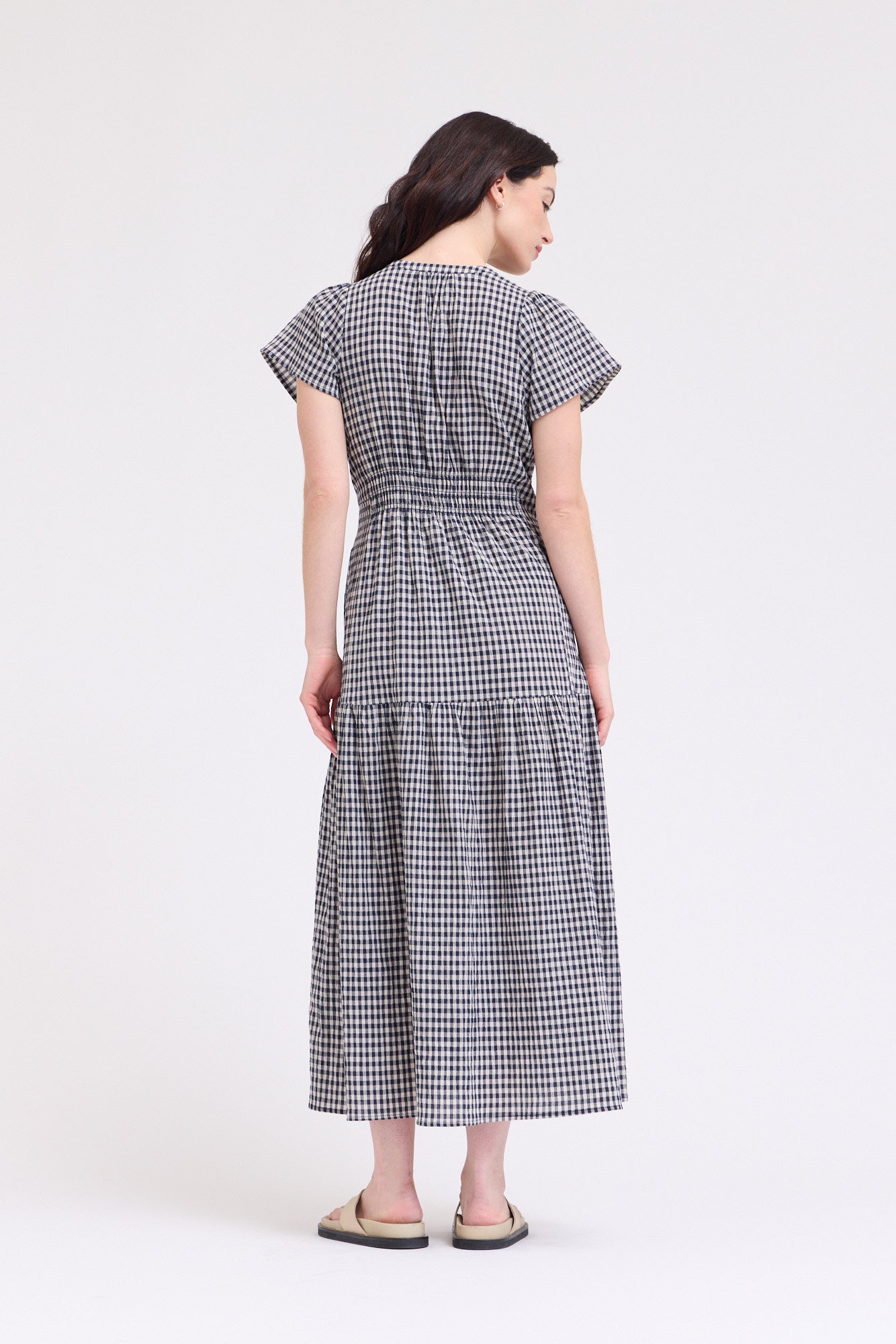 Ruffle Gingham Midi Dress in Midnight