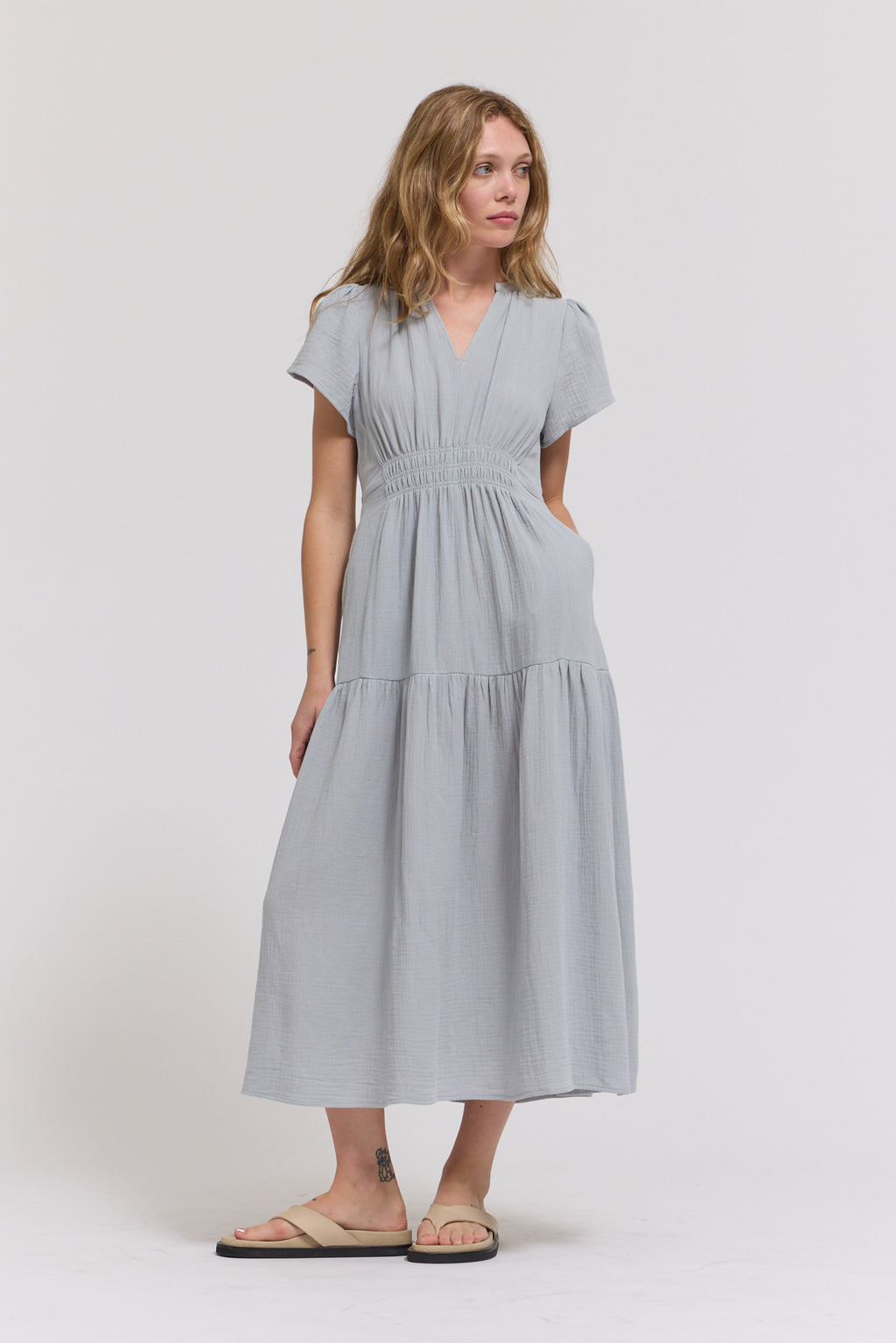 Cotton Gauze Ruffle Midi Dress in Sky Blue