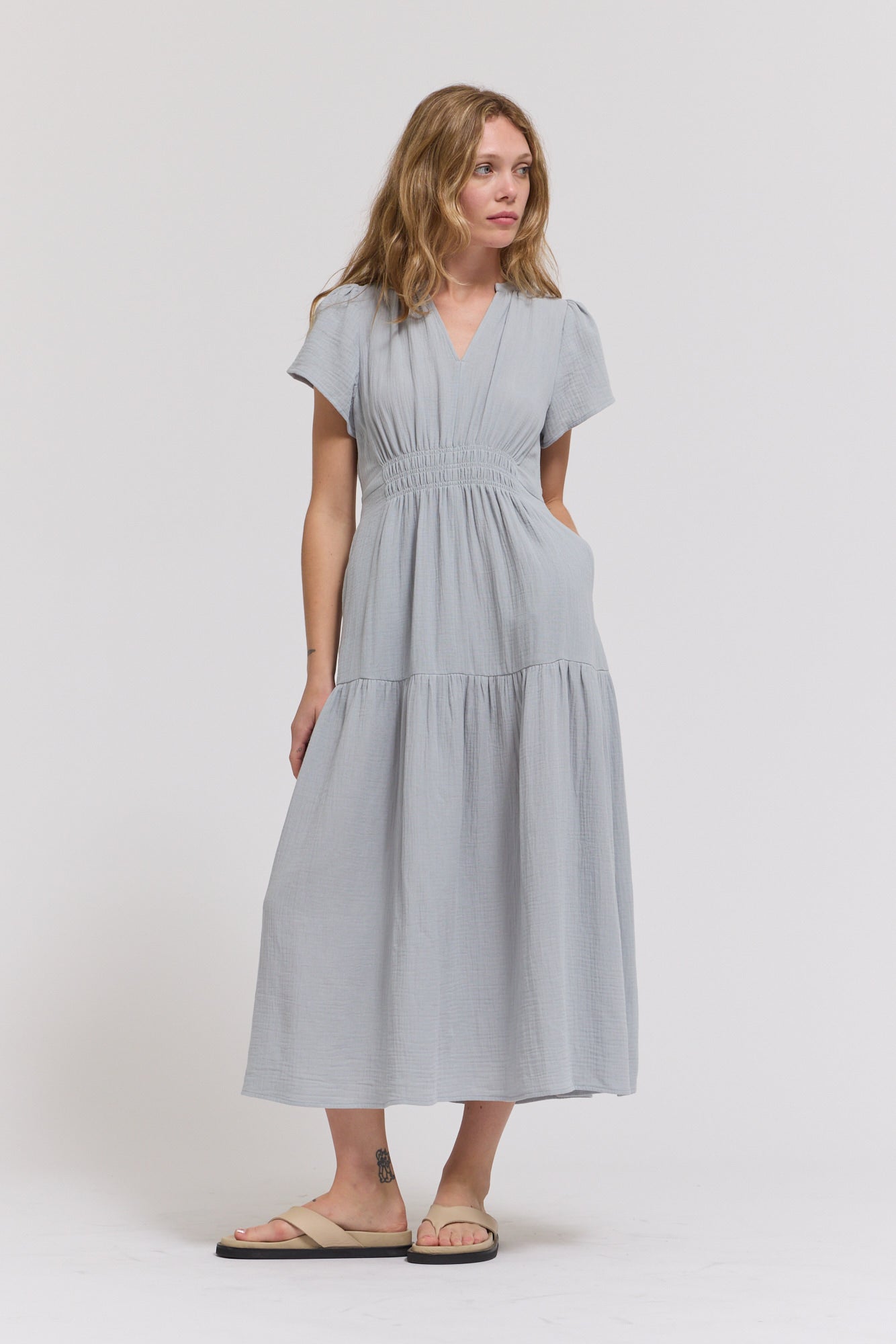 Cotton Gauze Ruffle Midi Dress in Sky Blue