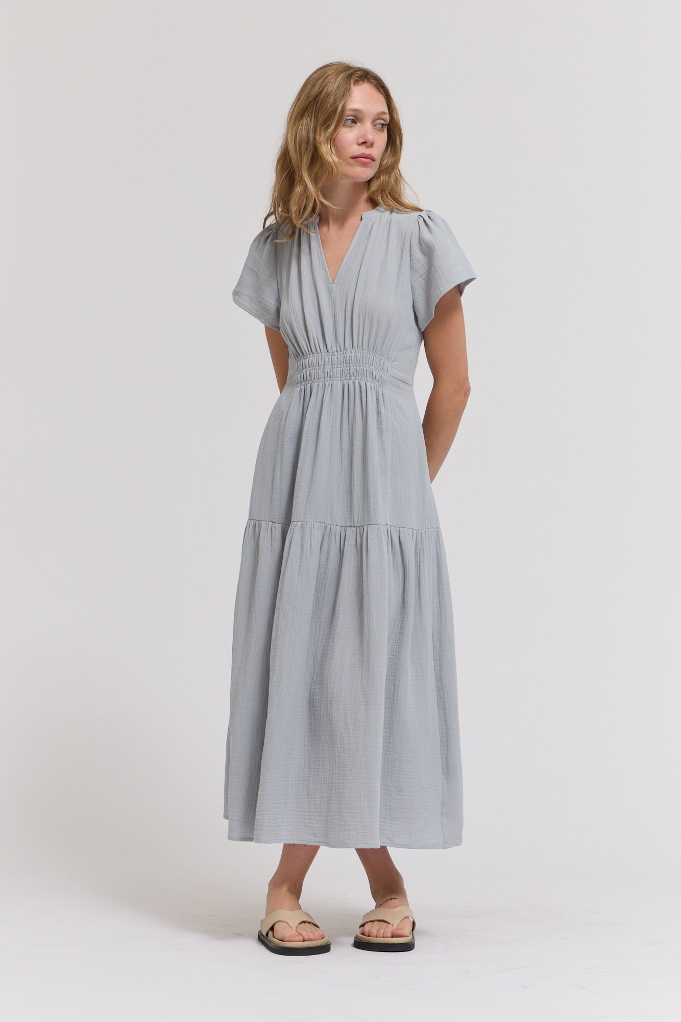 Cotton Gauze Ruffle Midi Dress in Sky Blue