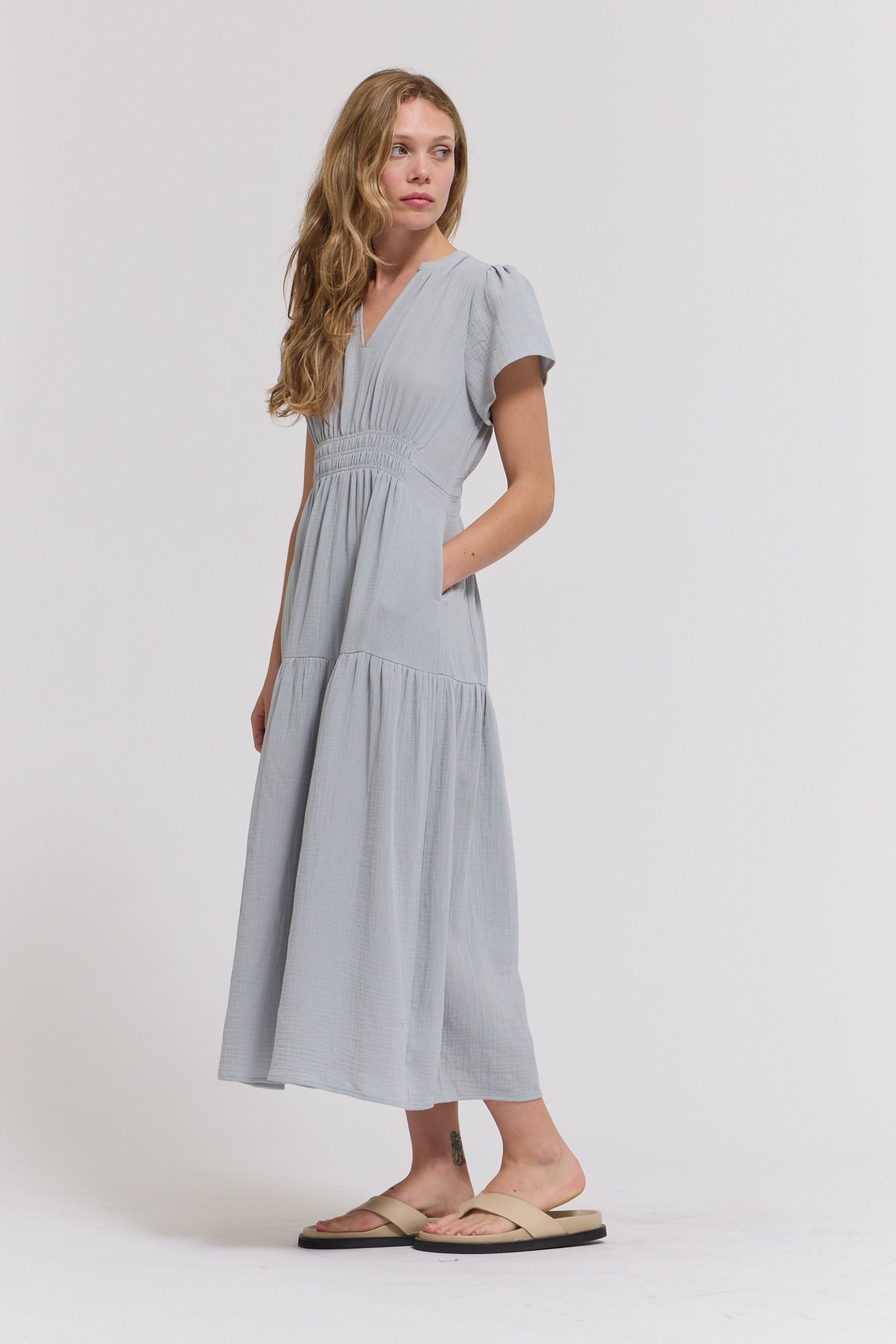 Cotton Gauze Ruffle Midi Dress in Sky Blue