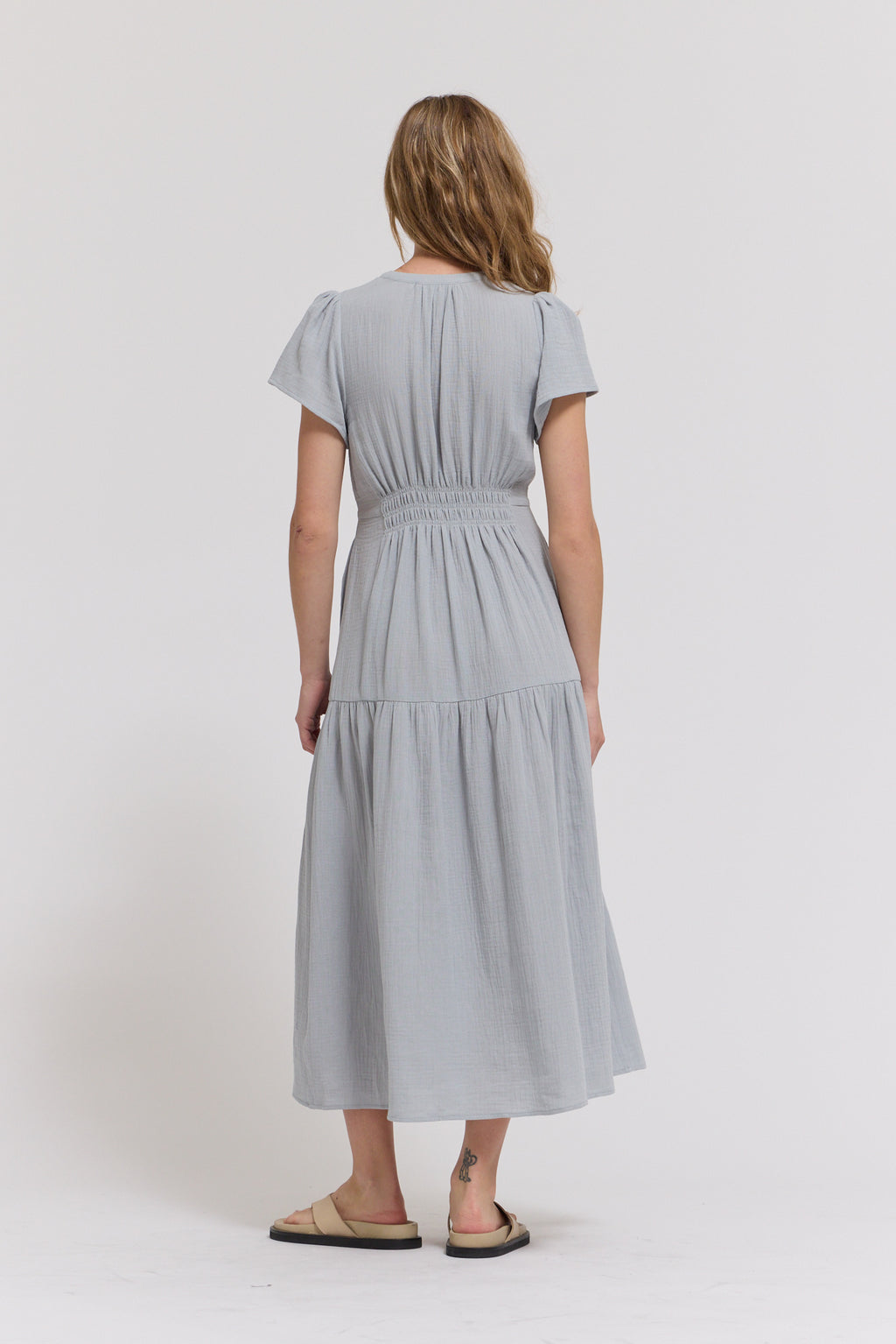 Cotton Gauze Ruffle Midi Dress in Sky Blue