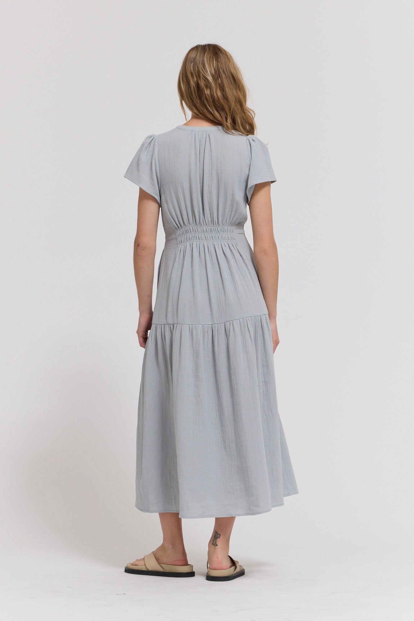 Cotton Gauze Ruffle Midi Dress in Sky Blue