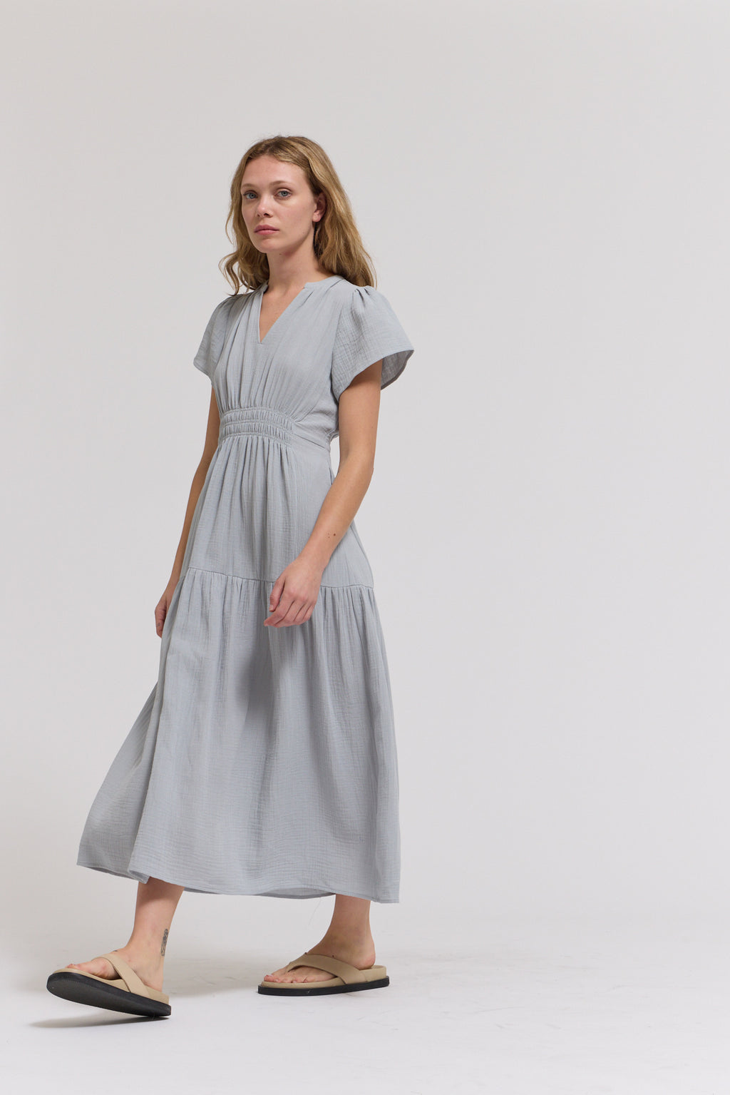 Cotton Gauze Ruffle Midi Dress in Sky Blue