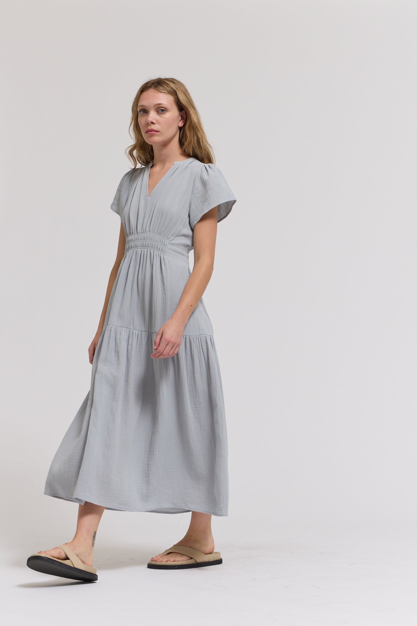 Cotton Gauze Ruffle Midi Dress in Sky Blue