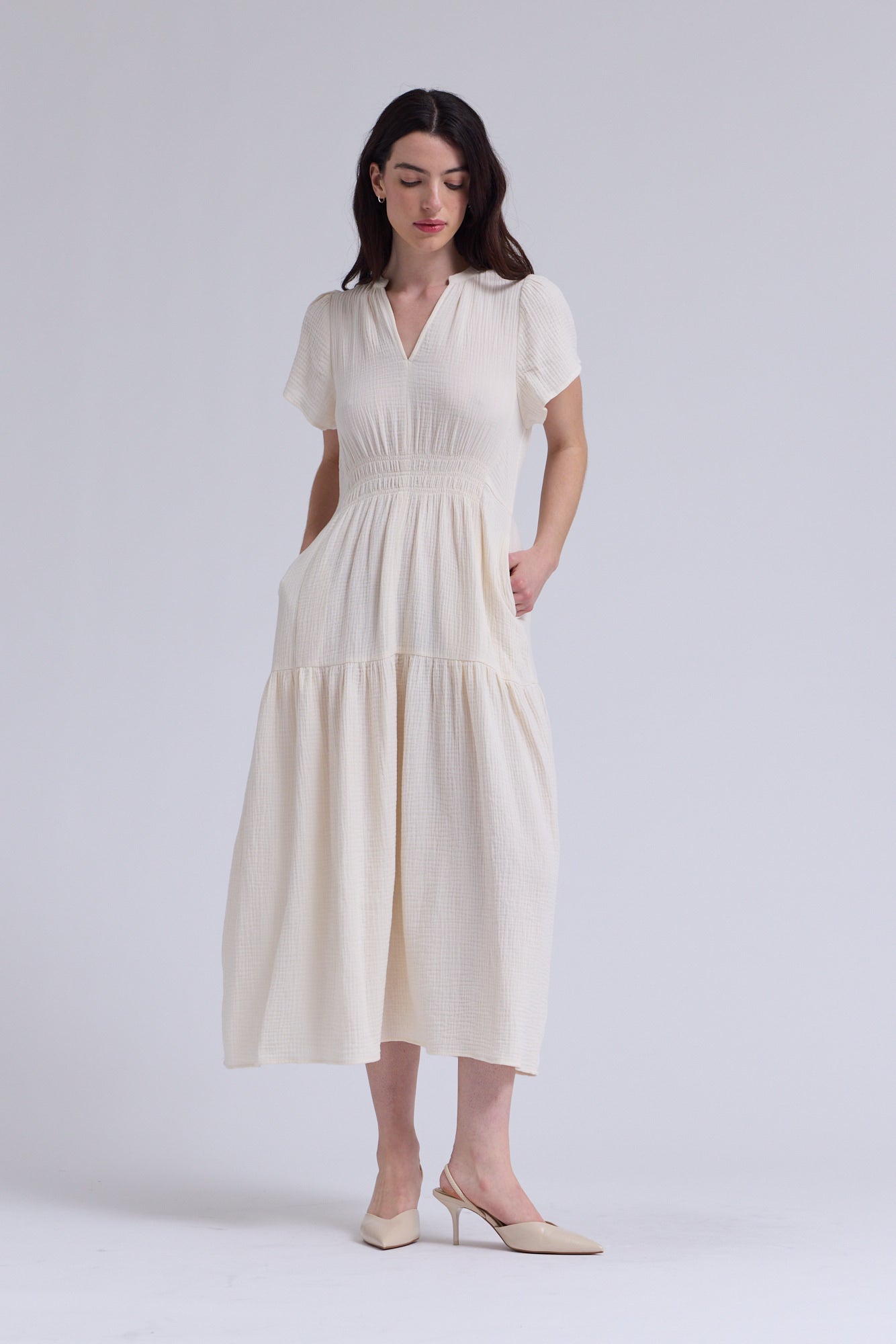 Cotton Gauze Ruffle Midi Dress in Soy