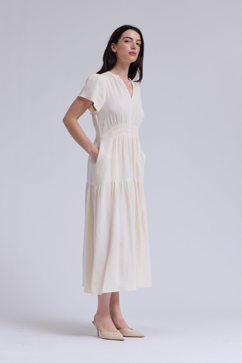 Cotton Gauze Ruffle Midi Dress in Soy