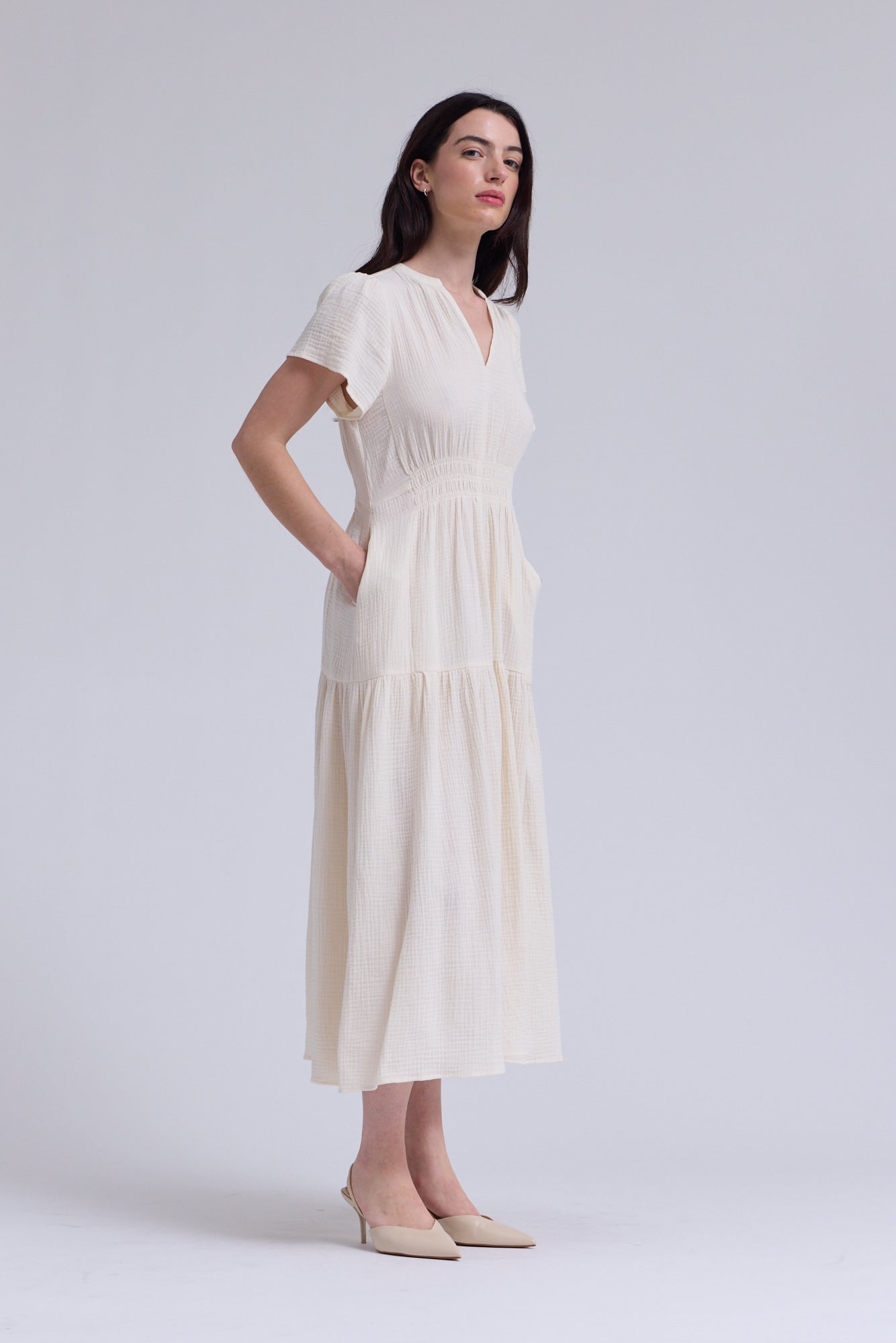 Cotton Gauze Ruffle Midi Dress in Soy