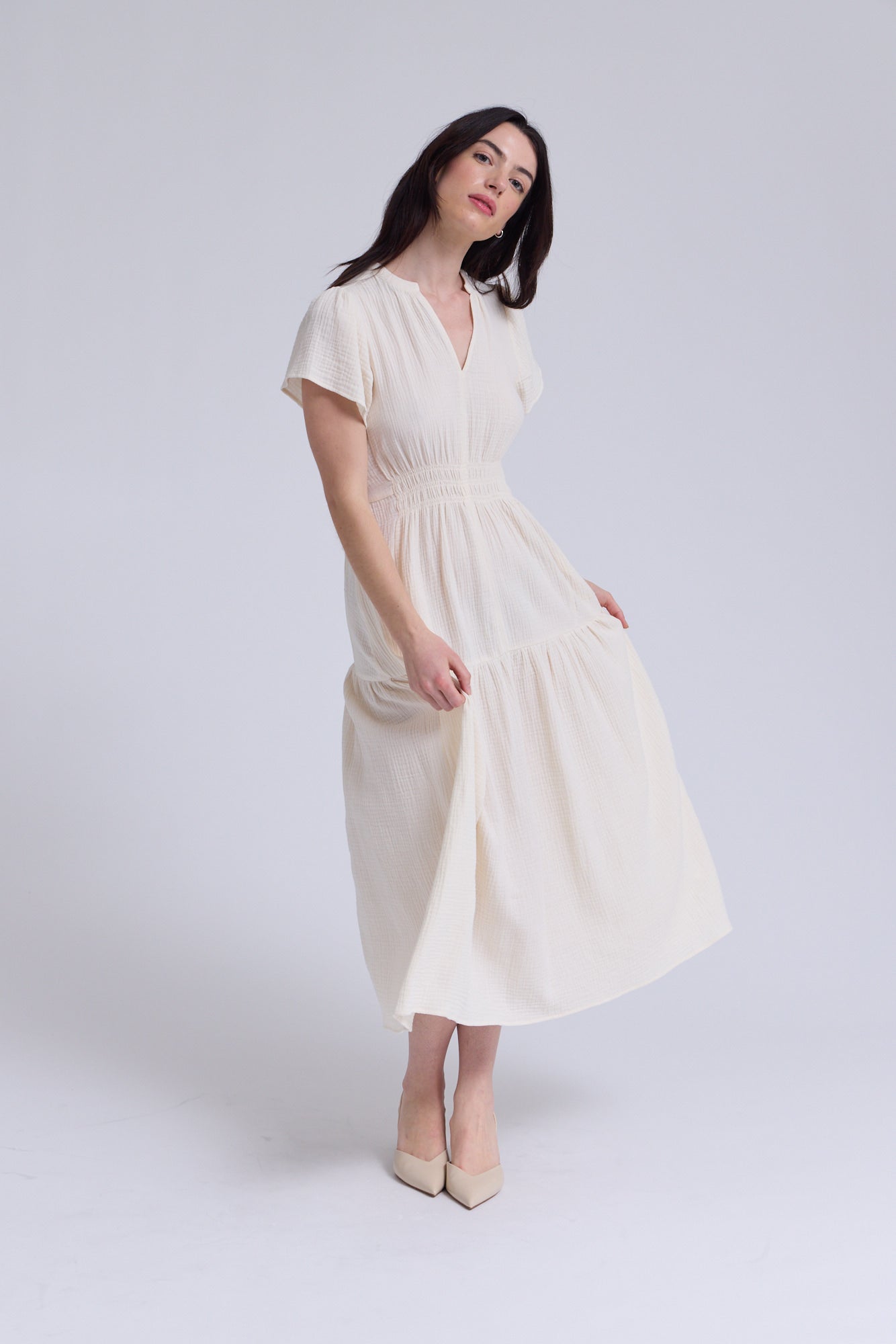 Cotton Gauze Ruffle Midi Dress in Soy