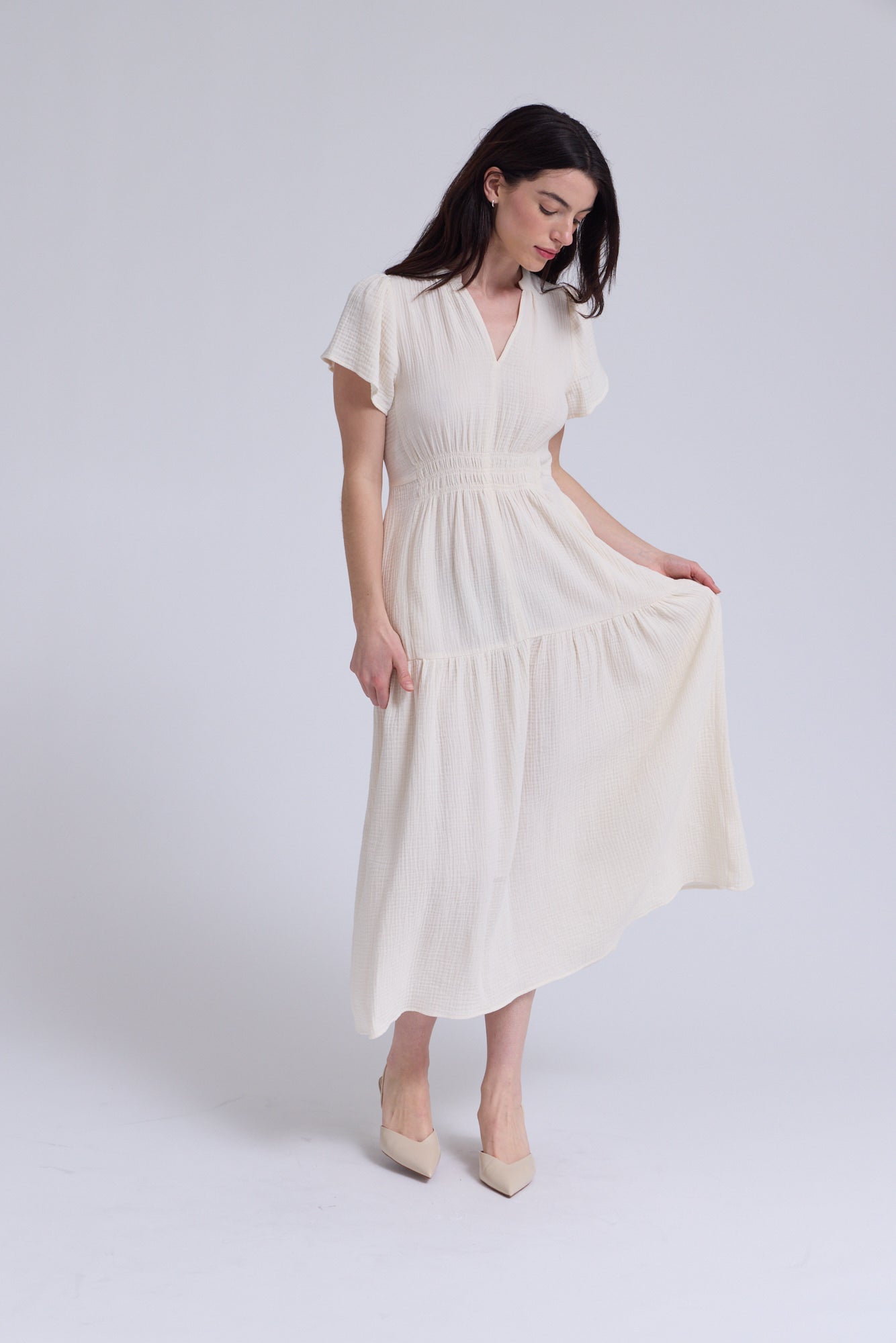Cotton Gauze Ruffle Midi Dress in Soy