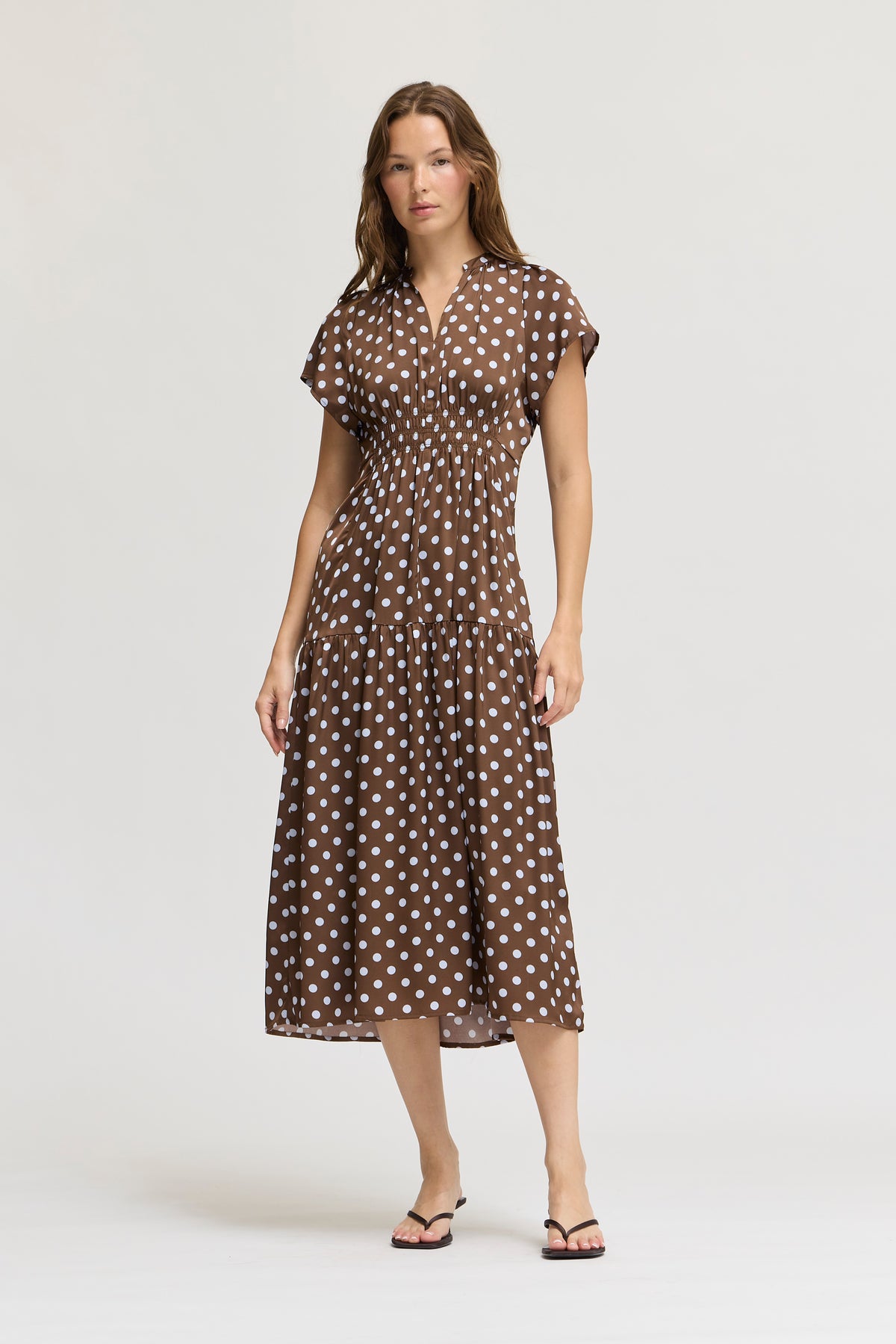 Printed Ruffle Satin Midi Dress in Brown Blue
