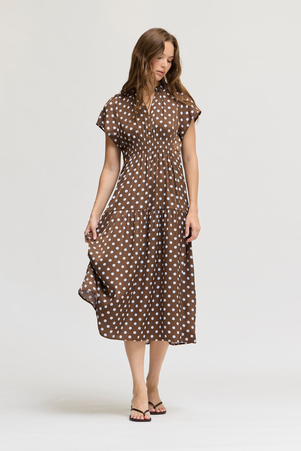 Printed Ruffle Satin Midi Dress in Brown Blue