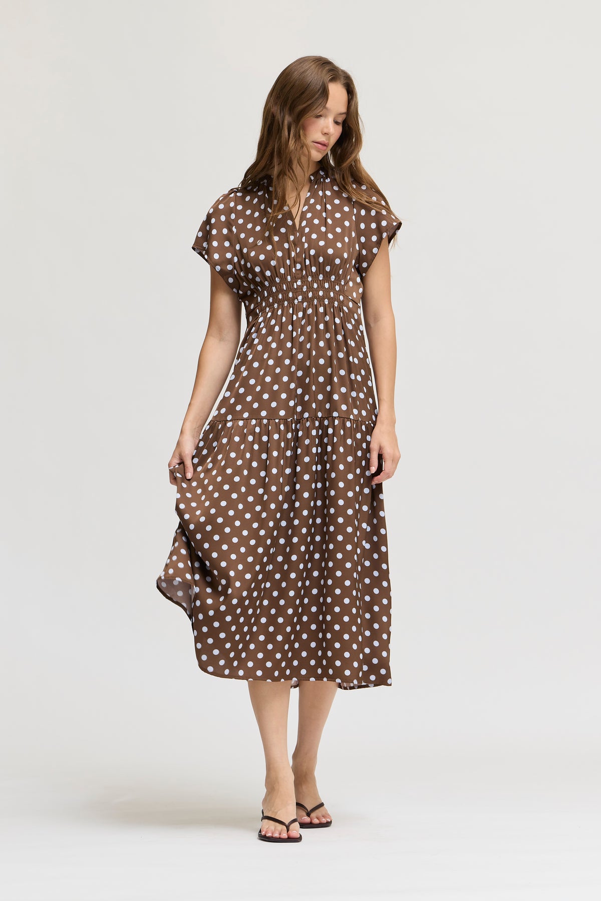 Printed Ruffle Satin Midi Dress in Brown Blue