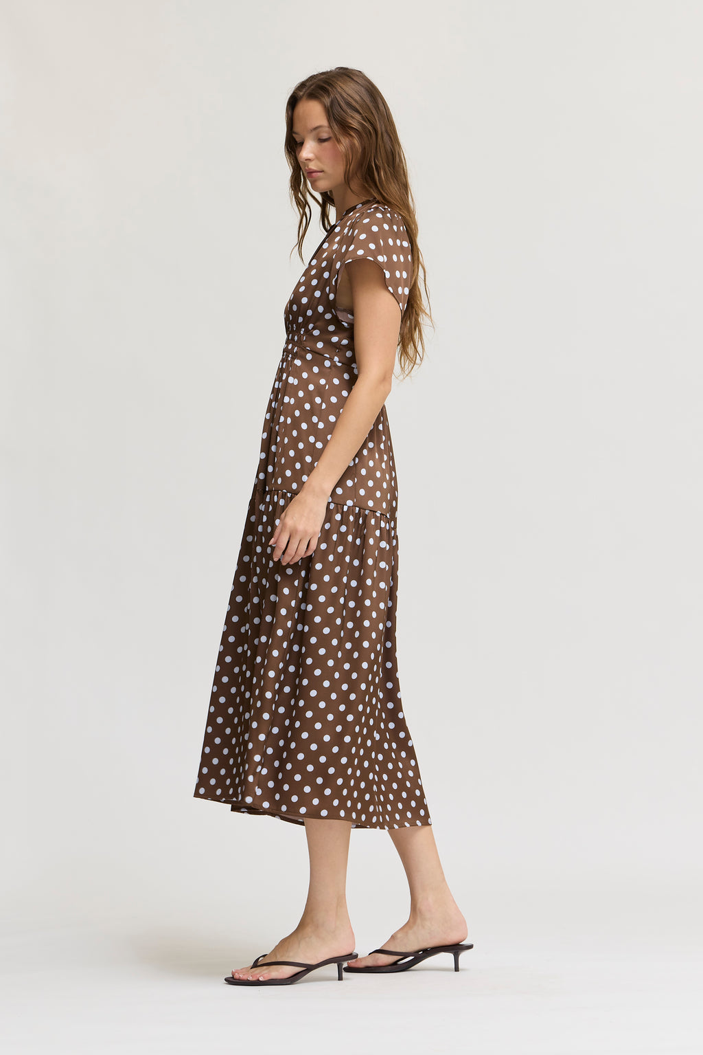 Printed Ruffle Satin Midi Dress in Brown Blue