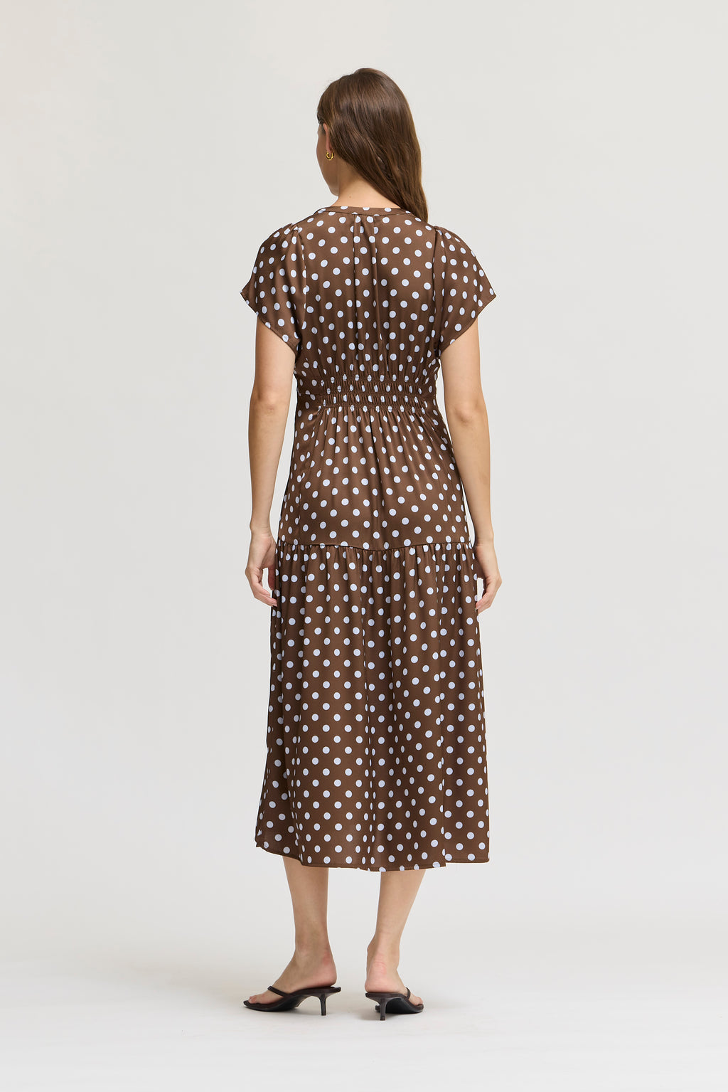 Printed Ruffle Satin Midi Dress in Brown Blue