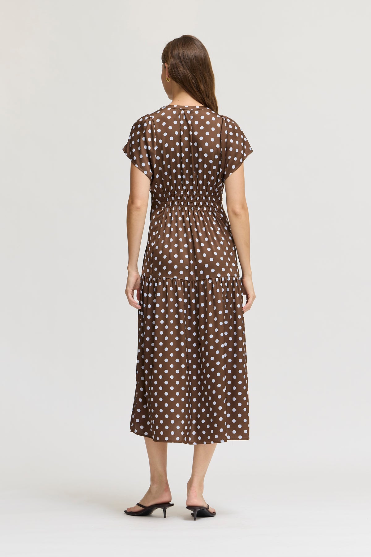 Printed Ruffle Satin Midi Dress in Brown Blue