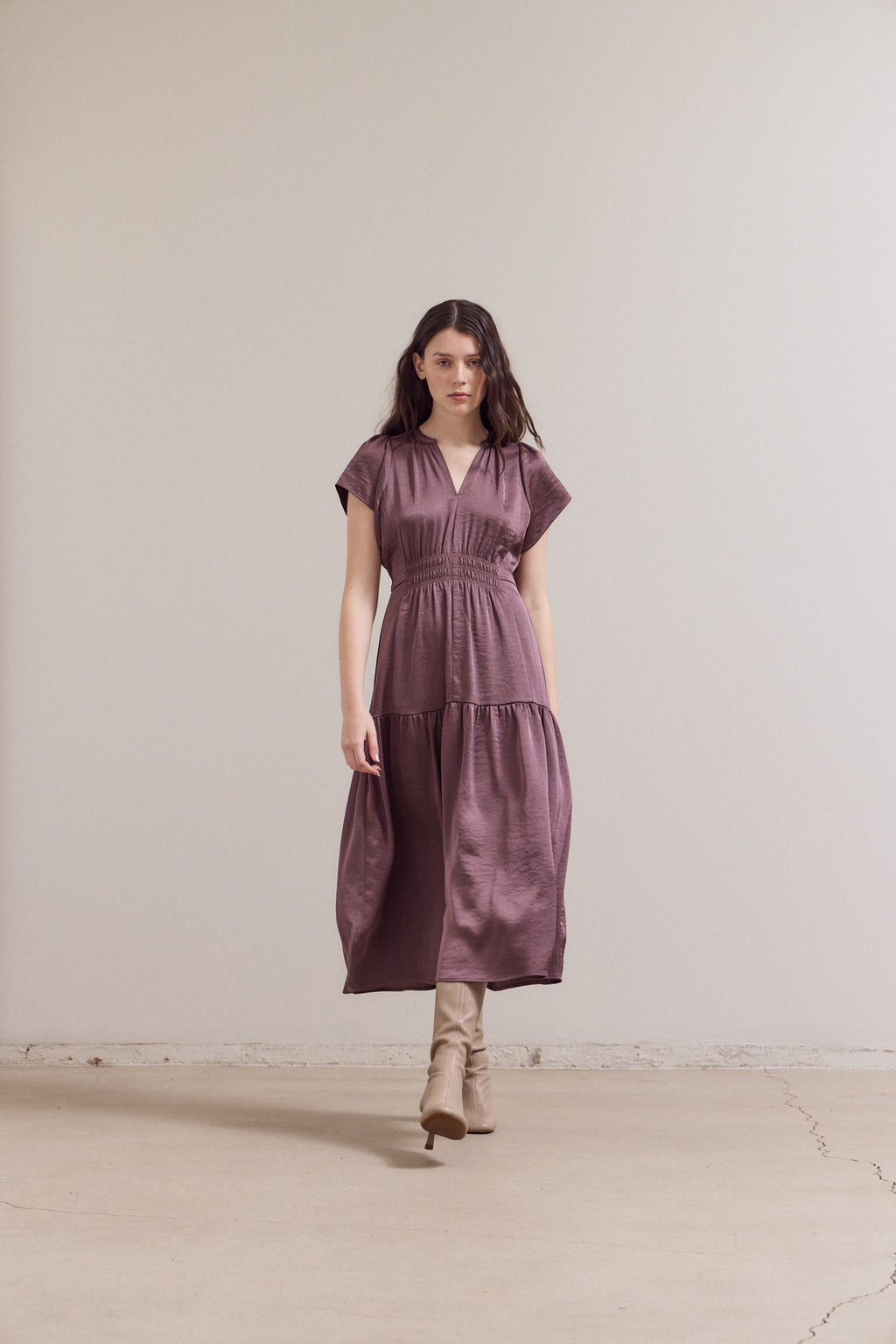 Ruffle Matte Satin Midi Dress